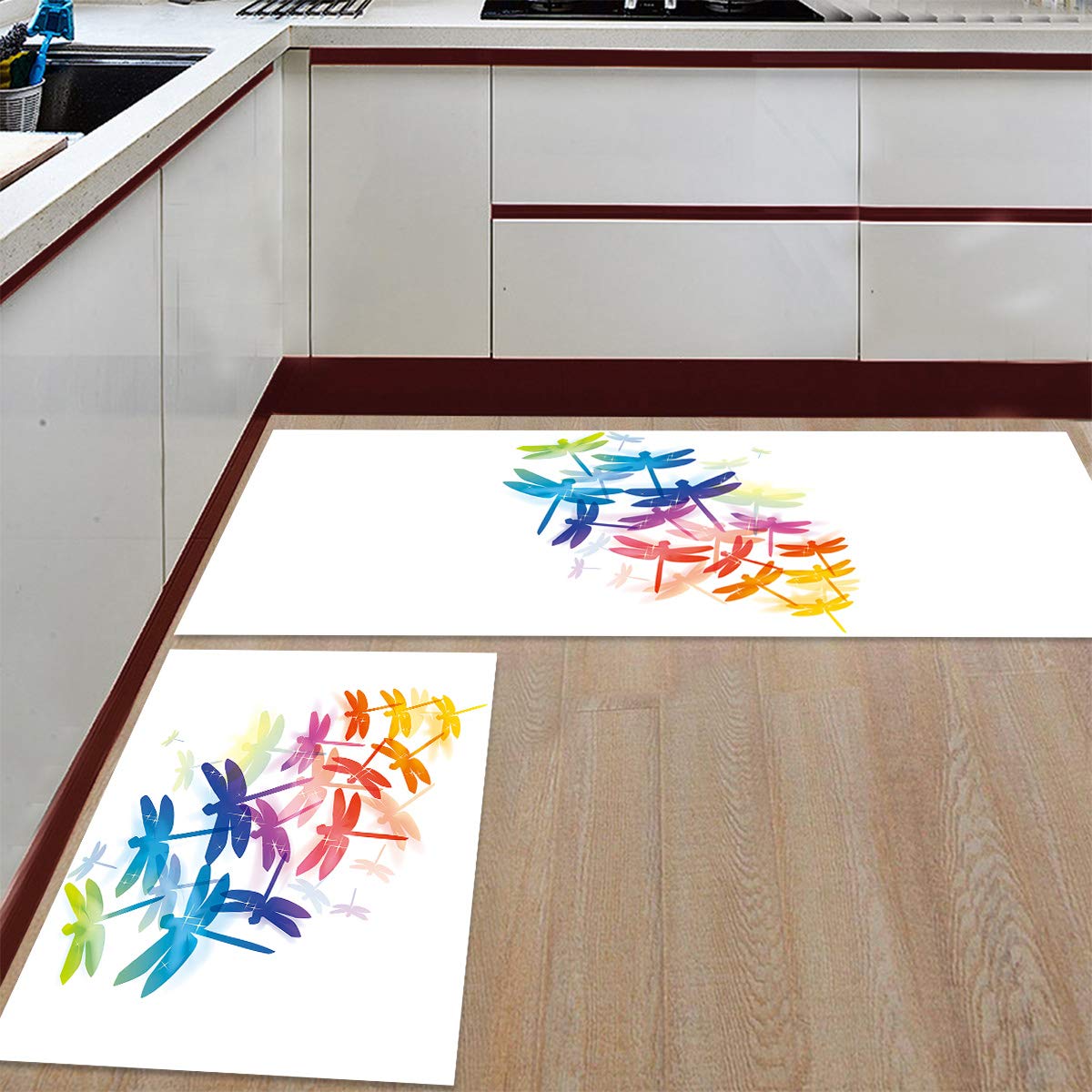 Non-Slip Kitchen Floor Mats Set of 2 - 19.7x31.5inch & 19.7x47.2inch Anti-Fatigue Standing Mats with Rubber Backing, Dragonfly Design Rugs for High Traffic Areas - Perfect for Kitchens, Offices & Standing Workstations