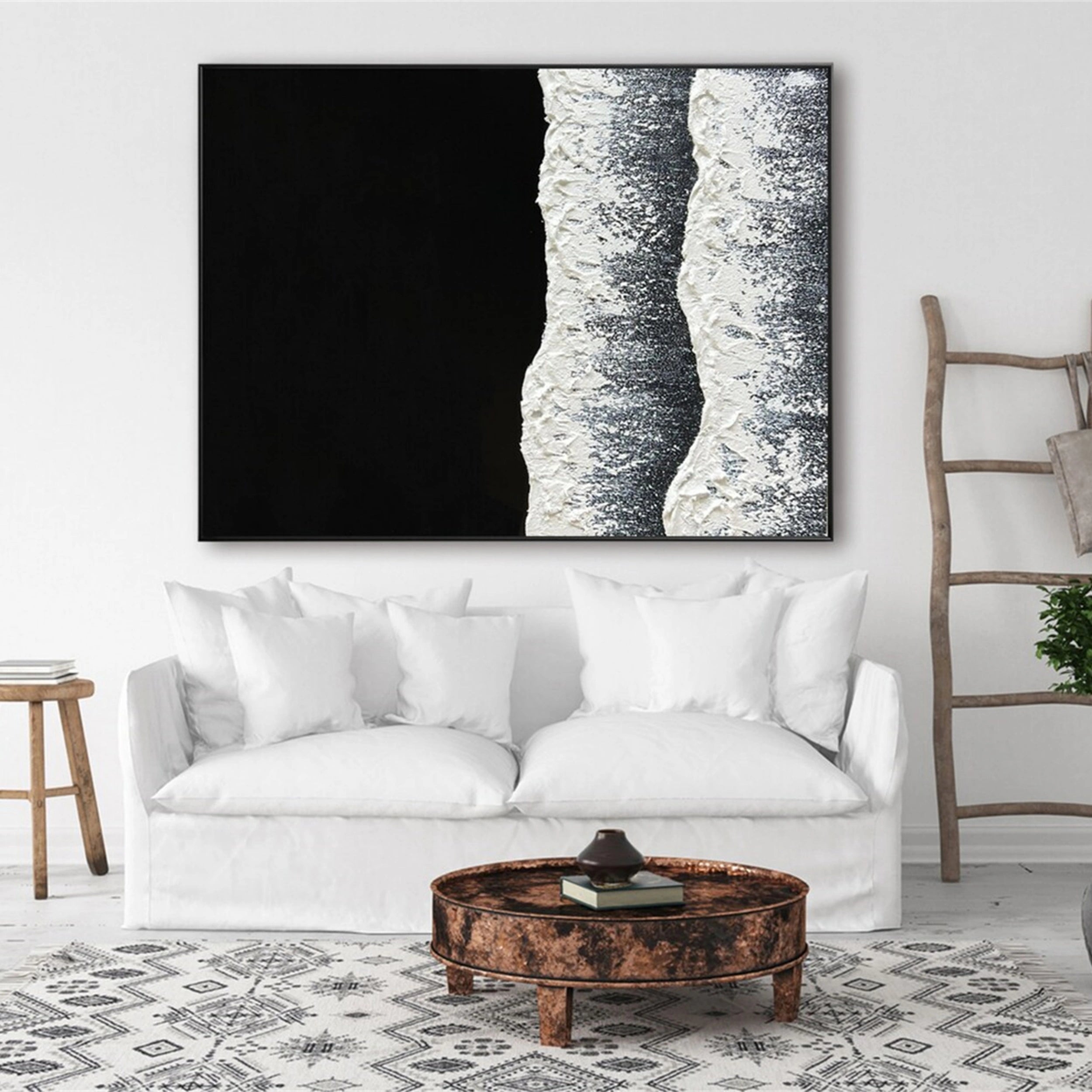 Black and White Textured Minimalist Wall Art Print #MZ057 - Modern Abstract Canvas Painting for Living Room, Bedroom & Office Decor