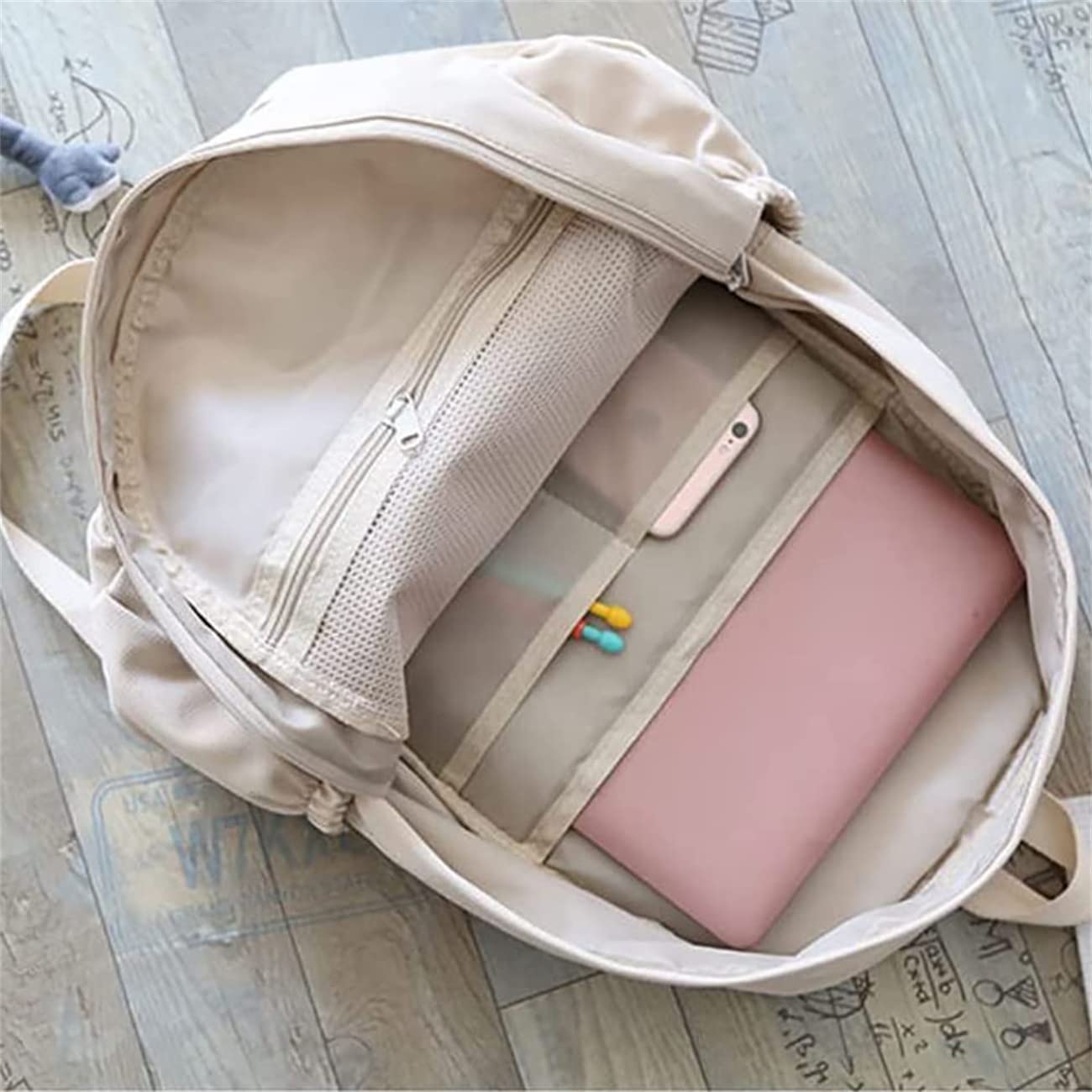 Difa Bear Backpack - Kawaii Cute Aesthetic Sage Green Rucksack with Large Capacity for School, Travel & Daily Use (White)