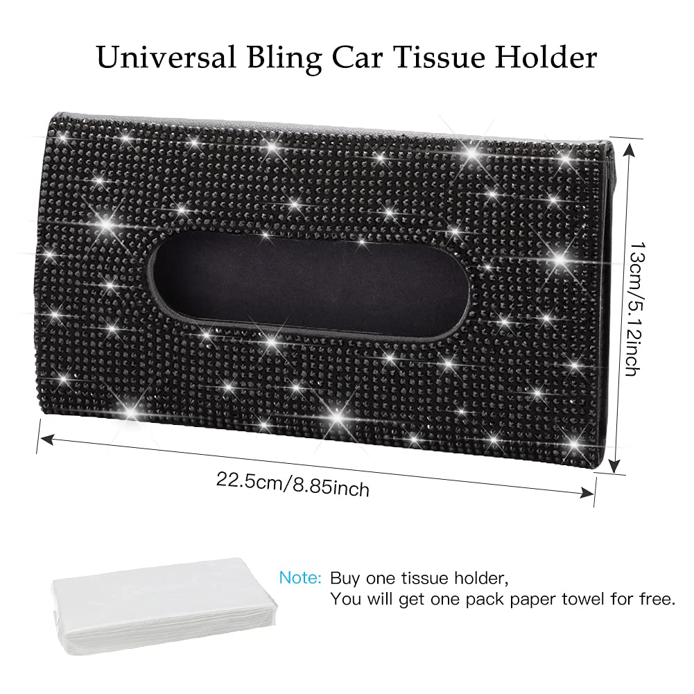 Black Rhinestone Car Tissue Holder - Sun Visor Napkin Holder with 1 Refill Pack | Perfect for Road Trips, Commuting & Car Organization
