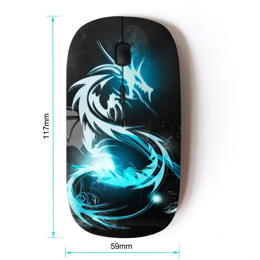 2.4G Wireless Optical Mouse with Blue Glow Tribal Dragon Design - Ergonomic USB Computer Mouse for Gaming, Office & Home Use