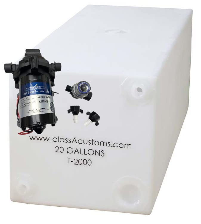 20 Gallon RV Fresh Water Tank with 12V Water Pump - Portable Water Storage System for Camping, Boating & Outdoor Adventures | T-2000-PUMP | Class A Customs
