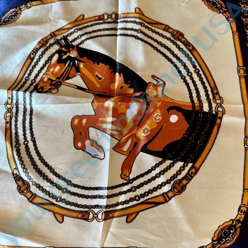 Vintage Blue and Gold Equestrian Scarf - Classic Horse Riding Silk Neckwear for Women & Men - Perfect for Equestrian Events, Horse Shows, and Winter Fashion Accessories