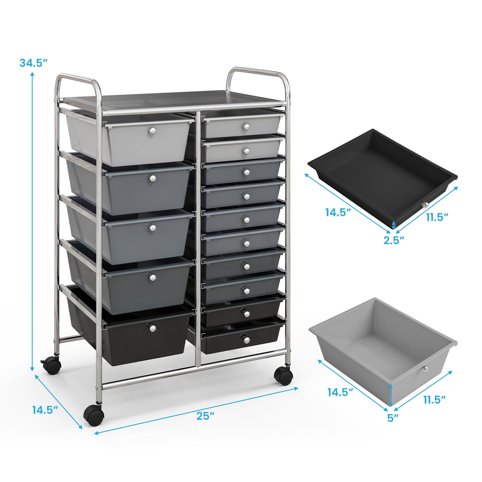 ARLIME 15-Drawer Rolling Storage Cart - Grey Metal & Plastic Organizer with Polypropylene Boxes for Office, School, Craft Room & Home Organization