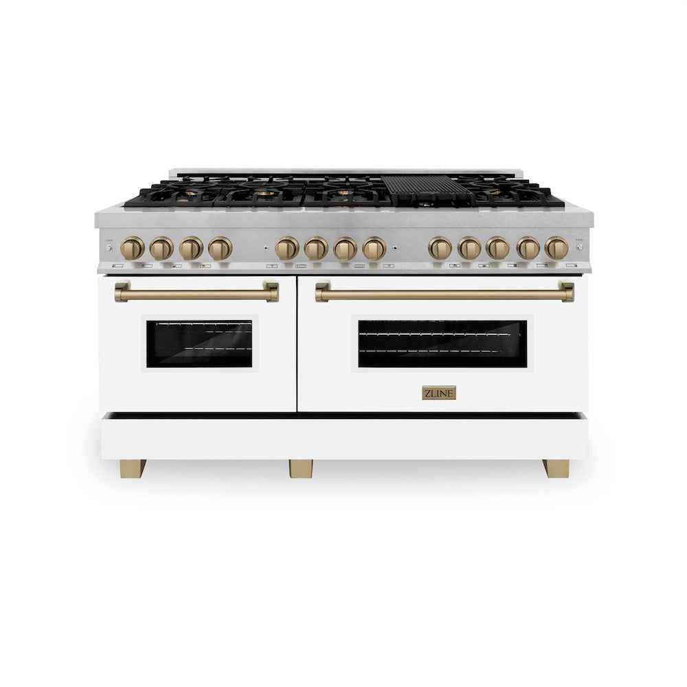 ZLINE Autograph Edition 60-Inch Dual Fuel Range - 7.4 cu.ft Capacity, 9-Burner Gas Cooktop & 2 Electric Convection Ovens - Satin Stainless Steel with White Matte Doors & Champagne Bronze Accents (RASZ WM 60 CB) - Perfect for Professional Home Chefs & Luxury Kitchen Remodels