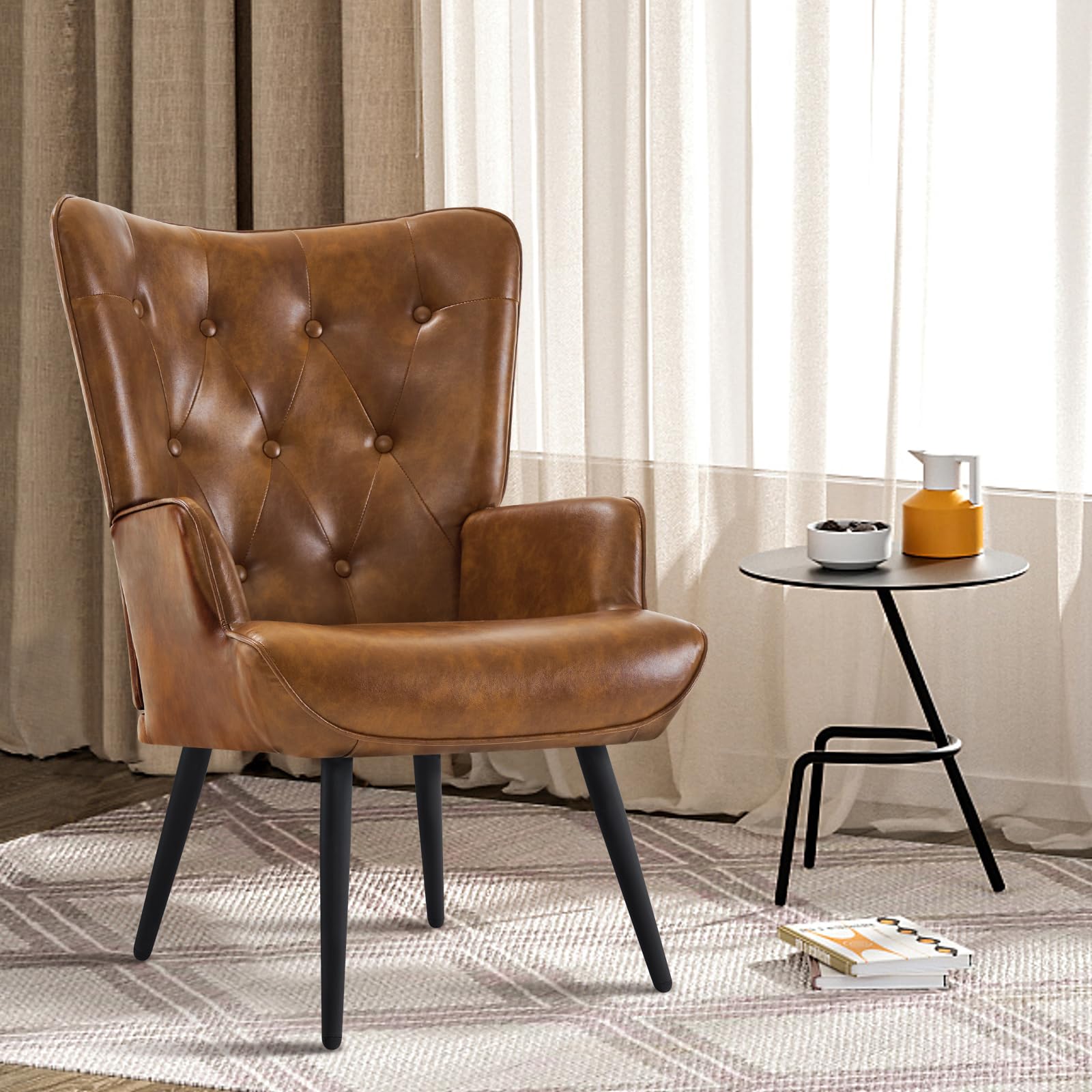 Furnimart Mid Century Modern Faux Leather Accent Chair - Comfy PU Armchair for Living Room, Office, Study, Bedroom & Waiting Room - Yellow Brown Wingback Leisure Chair | Perfect for Home Decor, Guest Seating & Vanity Areas