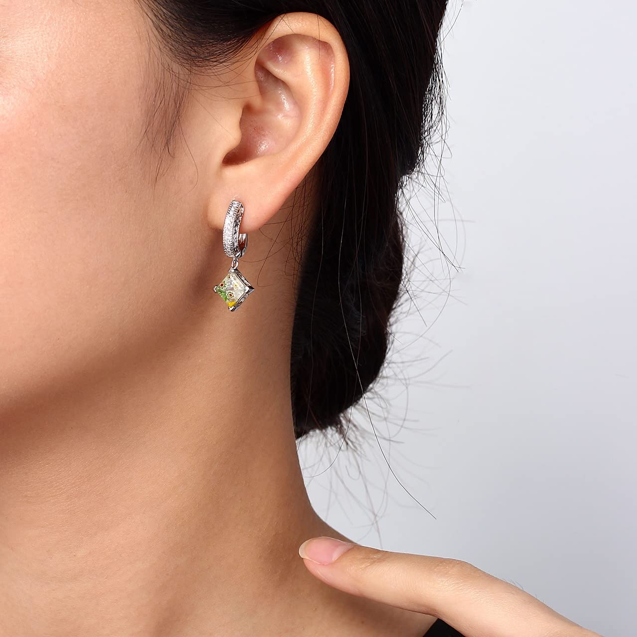 Murano Style Millefiori Glass Flower Square Floral Rhodium Plated Jewelry Set - Ring & Stud Earrings for Women | Unique Birthday Gifts, Anniversary Present, Mother's Day Gift Idea | Perfect for Weddings, Parties & Special Occasions