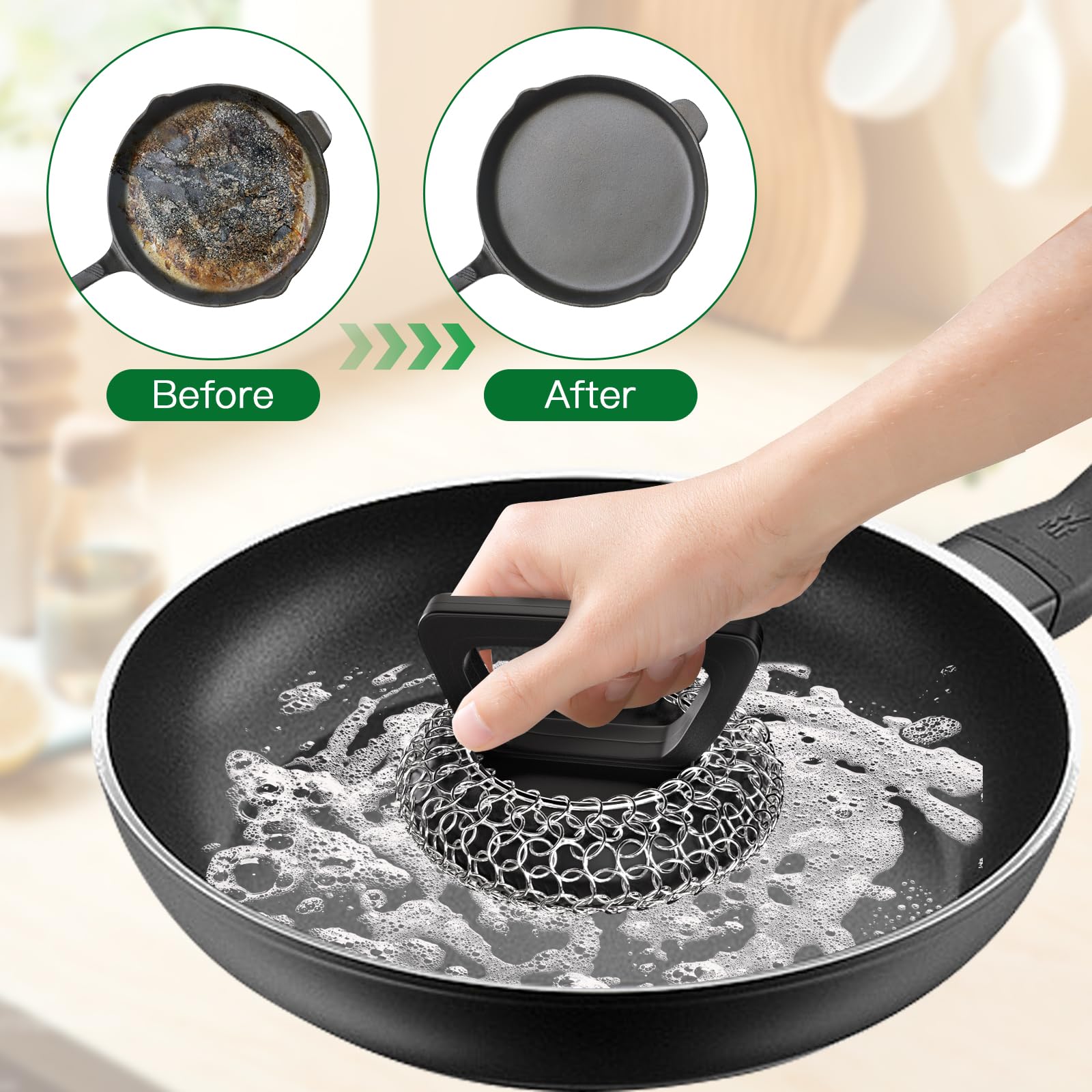 **Amagabeli Cast Iron Cleaner with Handle - Stainless Steel Chainmail Pan Scrubber for Cast Iron Skillets, Pots, Woks & BBQ Grills - Heavy Duty Scouring Pad for Tough Grease & Burnt Food (Perfect for Camping, Outdoor Cooking & Kitchen Use)**