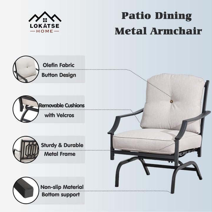 LOKATSE HOME 2-Piece Outdoor Patio Bistro Armchair Set - Metal Frame with Beige Cushions - Perfect for Garden, Backyard, Poolside & Balcony Relaxation