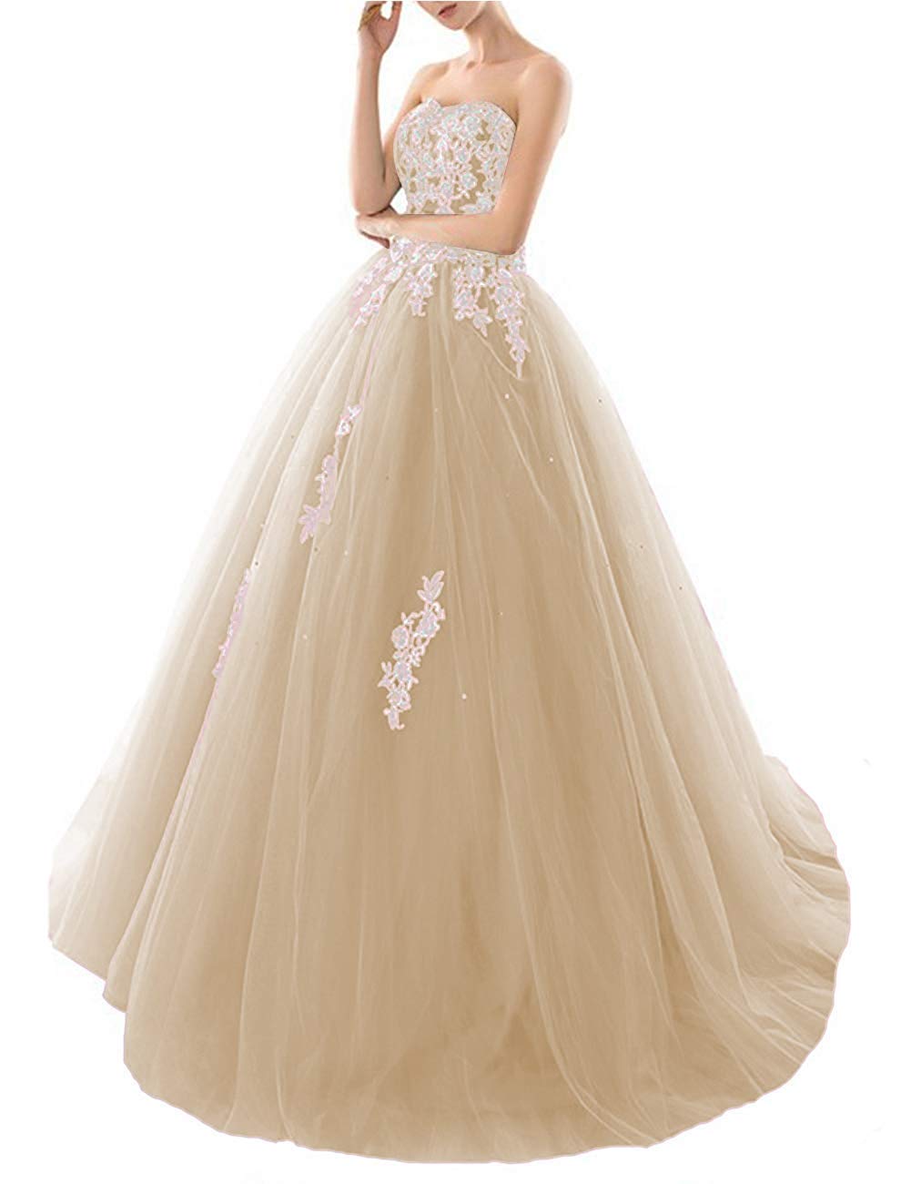 Elegant Strapless Ball Gown for Women - Quinceañera, Prom & Sweet 16 Party Dresses with Corset & Appliques in Champagne | Perfect for Formal Events, Weddings & Special Occasions