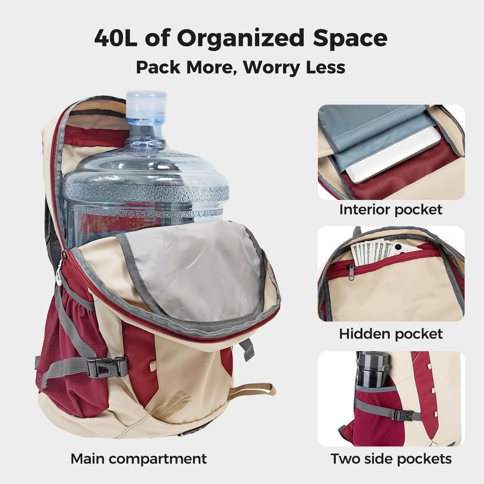 40L Water Resistant Hiking Backpack - Ultra Lightweight Foldable Travel Backpack for Men & Women - Perfect for Camping, Day Trips and Outdoor Adventures (Beige/Red)