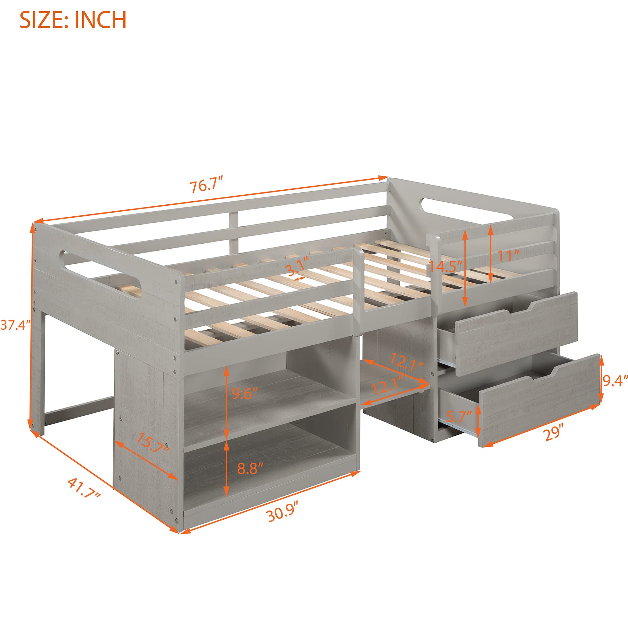Low Loft Bed with Storage - Twin Size Wooden Loft Bed for Kids & Teens - Space Saving for Small Rooms (Antique Grey)