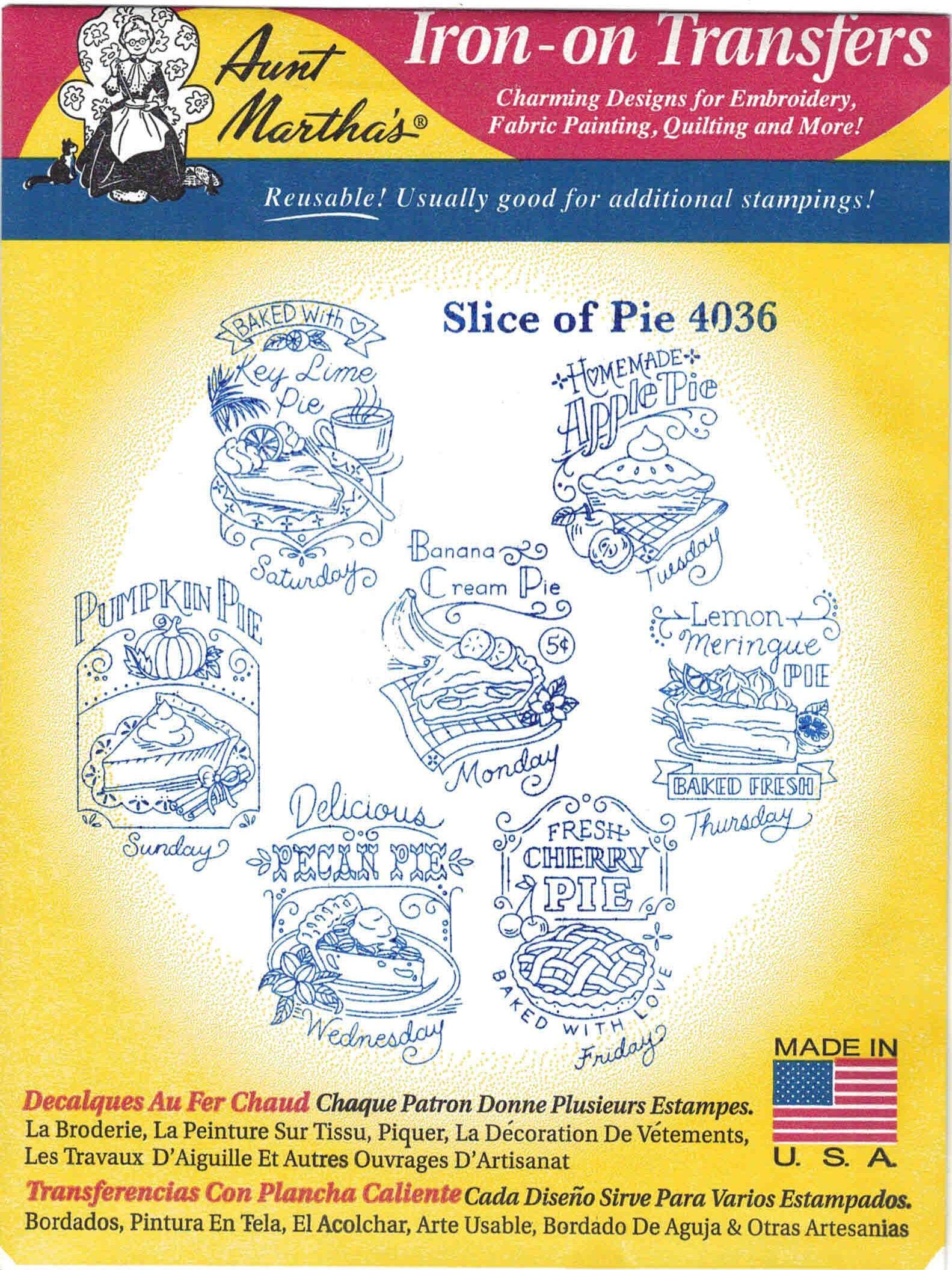 Aunt Martha's Hot Iron Embroidery Transfer Patterns - DIY Vintage-Inspired Pie Slice Designs for Quilting & Fabric Crafts - Perfect for Home Decor, Aprons & Tea Towels