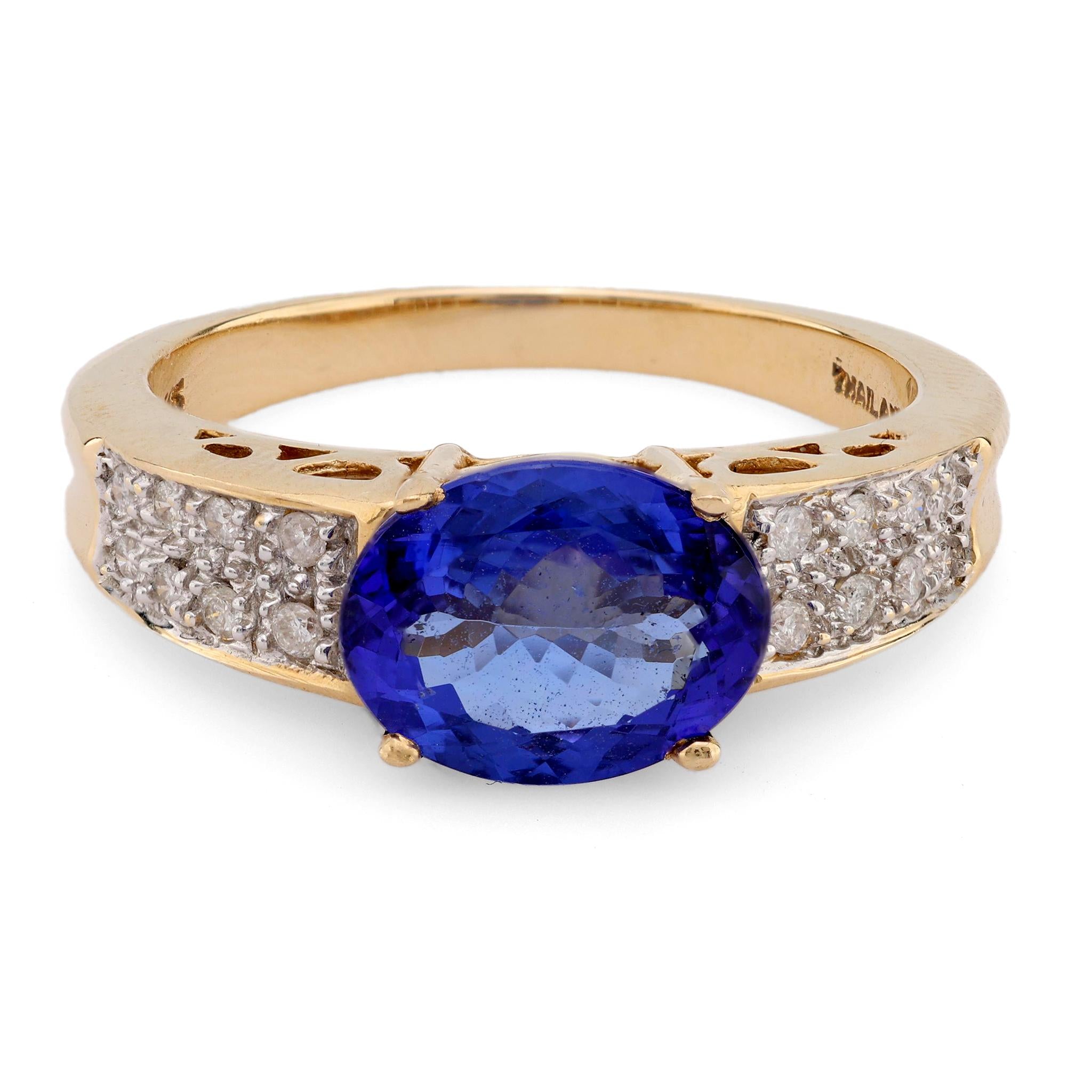 2.10 Carat Vintage Oval Cut Tanzanite & Diamond Ring in 14K Yellow Gold – Elegant Jewelry for Weddings, Anniversaries & Special Occasions