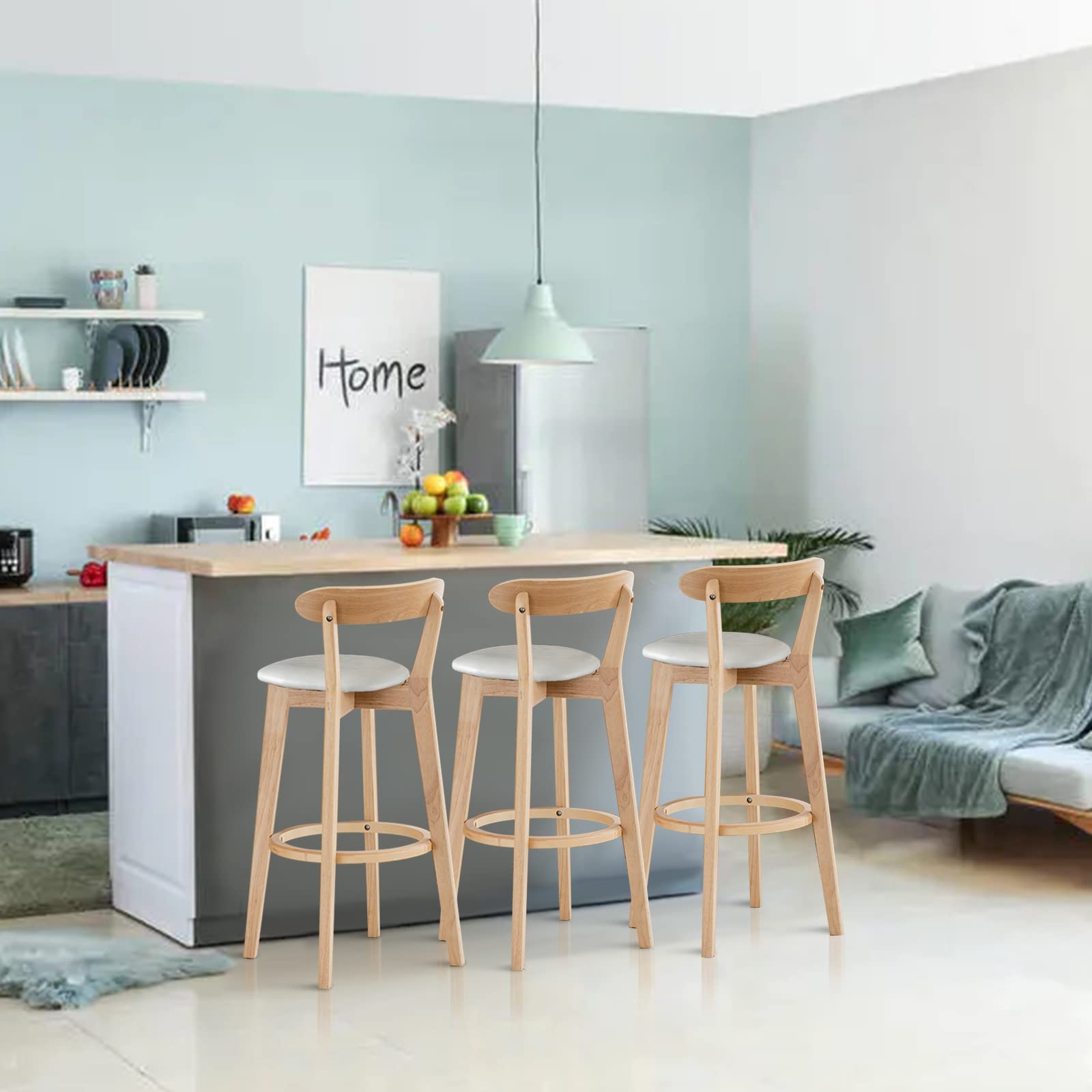 Premium Wooden Breakfast Bar Stool with PU Leather Backrest & Armrest - Comfortable Kitchen Island Chair for Dining, Coffee Shops & Home Decor