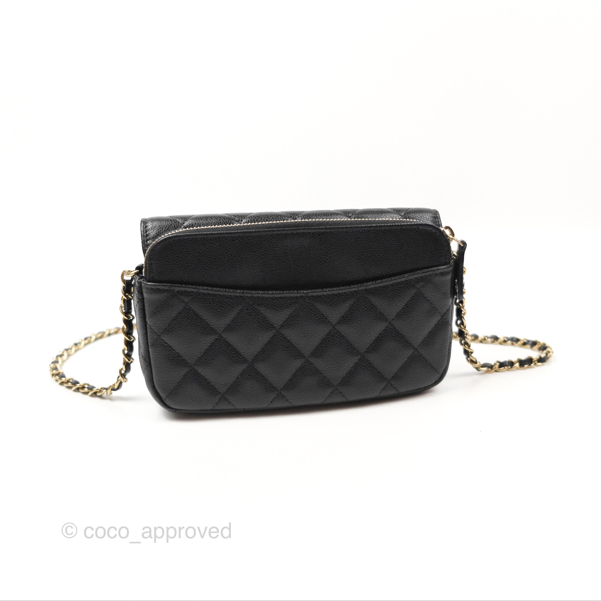 Chanel Classic Flap Phone Holder with Chain - Black Caviar Leather & Gold Hardware | Luxury Phone Crossbody Bag for Women | Perfect for Parties, Shopping & Everyday Use