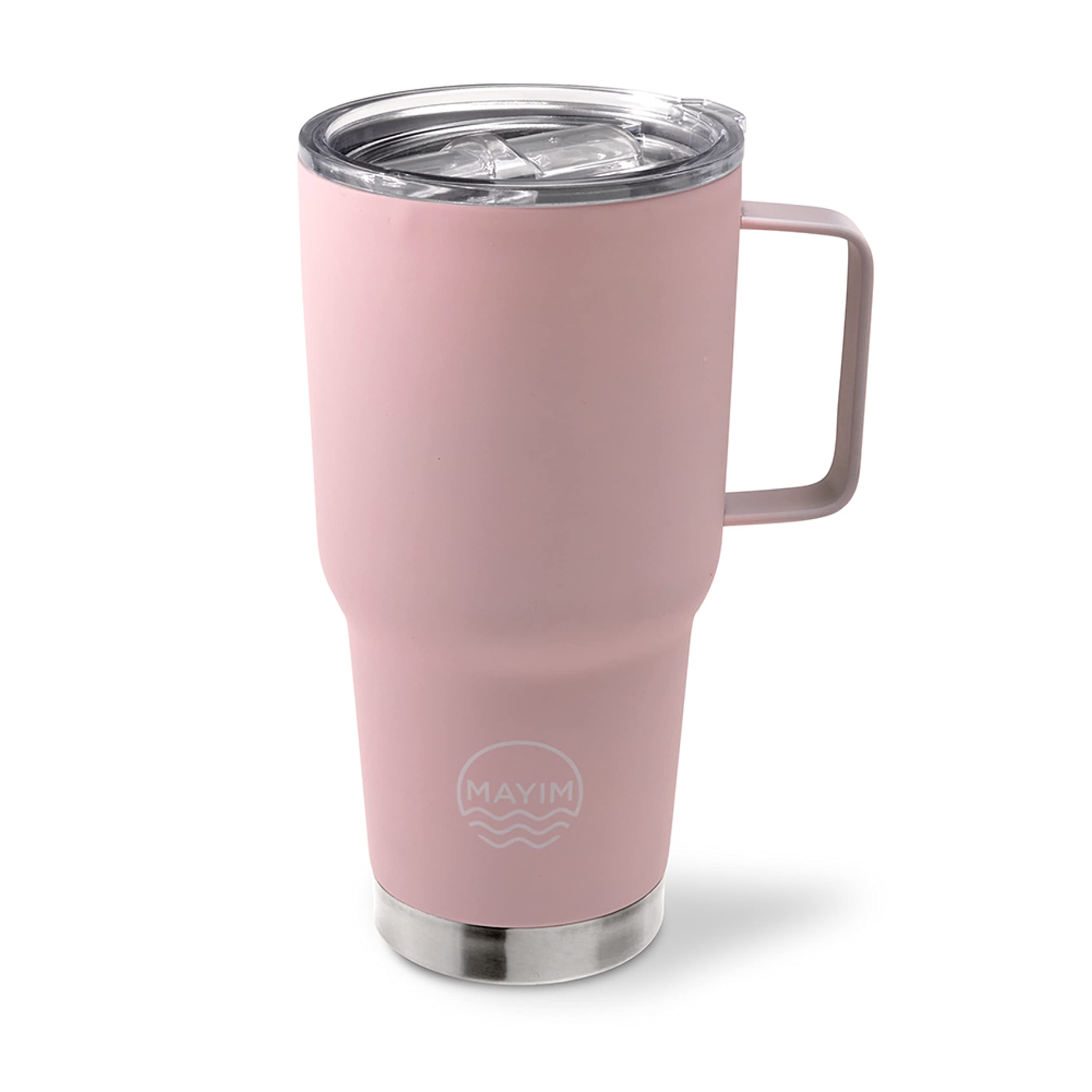 Mayim 30oz Large Travel Coffee Mug Tumbler - Vacuum Insulated Stainless Steel Thermos with Clear Slide Lid & Handle, Reusable Double-Wall Cup Holder Friendly - Perfect for Commuting, Camping & Office Use - Blush Pink