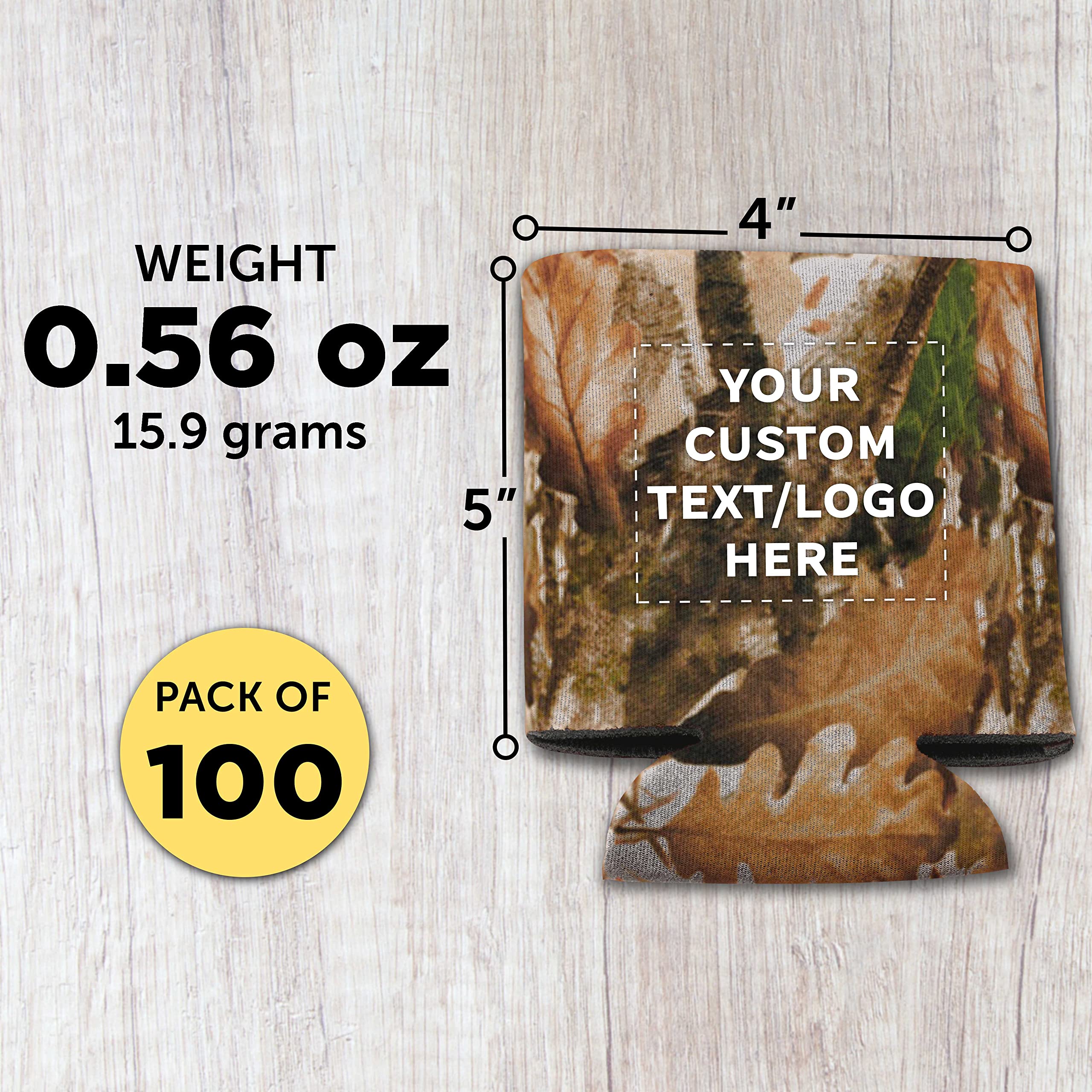 Custom Collapsible Beer Can Coolers 4mm - Set of 100 Bulk Pack - Personalized Insulated Sleeves for Beer, Soda & Beverages - Camo Design - Perfect for Parties, Tailgating & Outdoor Events