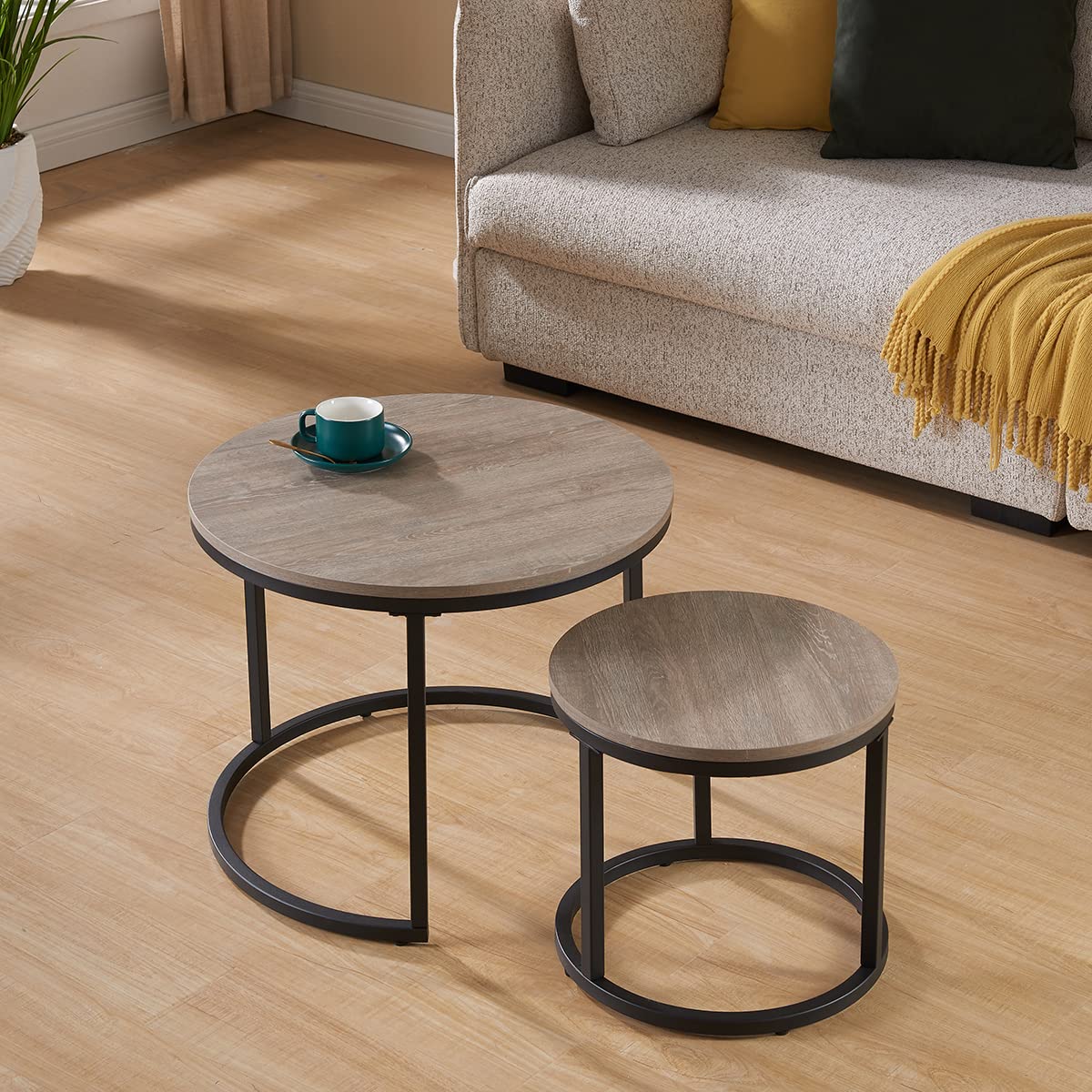 CENSI 23.6-Inch Grey Oak Round Nesting Coffee Table Set - Modern Industrial Wood & Metal Side Tables for Living Room, Lounge, Office - Space-Saving Home Decor (Grey Wash Finish)