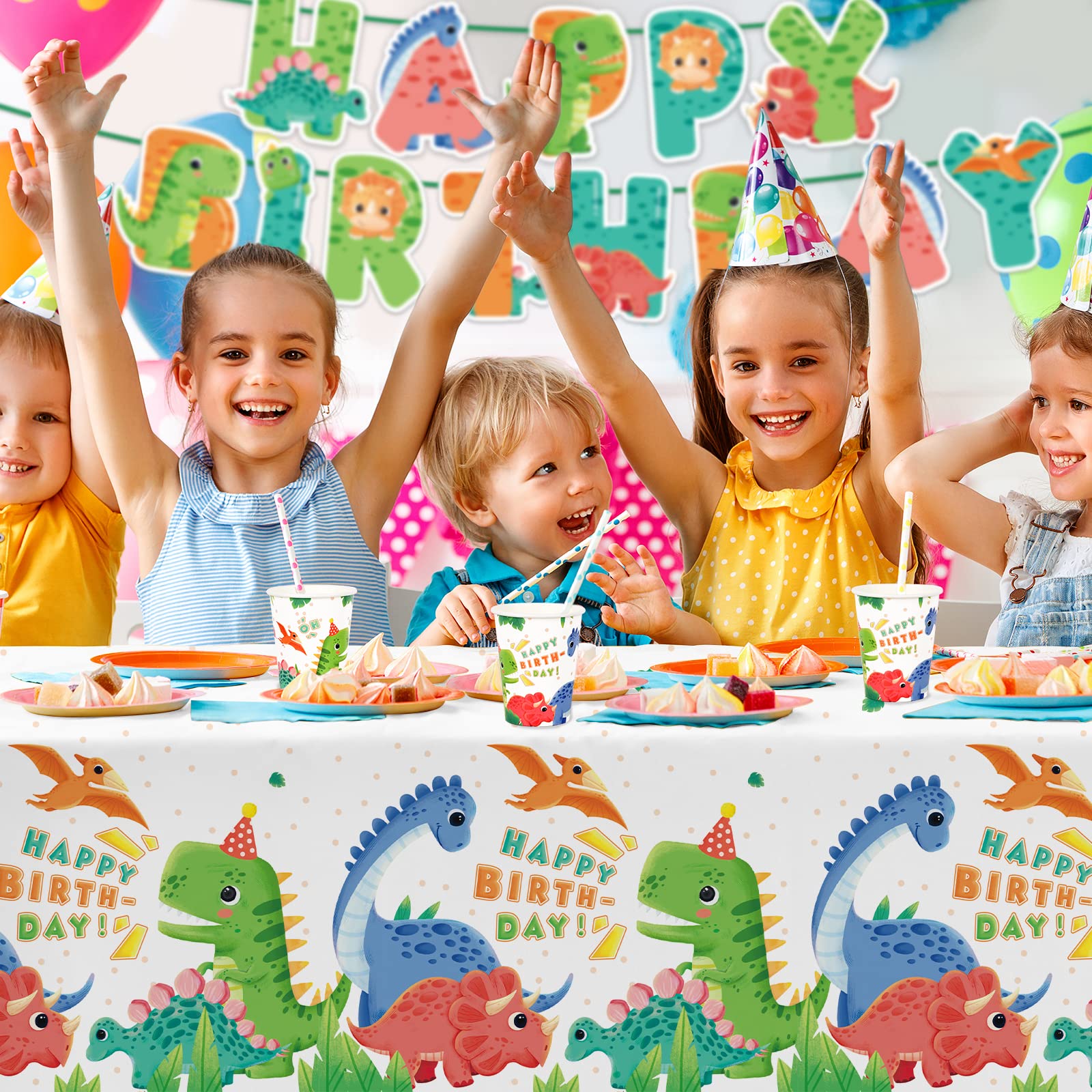 Dinosaur Birthday Party Supplies Set - 25 Pcs Disposable Paper Plates, Napkins, Cups, Tablecloth & Banner for Kids Dino Themed Party Decorations | Perfect for Birthday Celebrations, Classroom Events & Jurassic Theme Parties