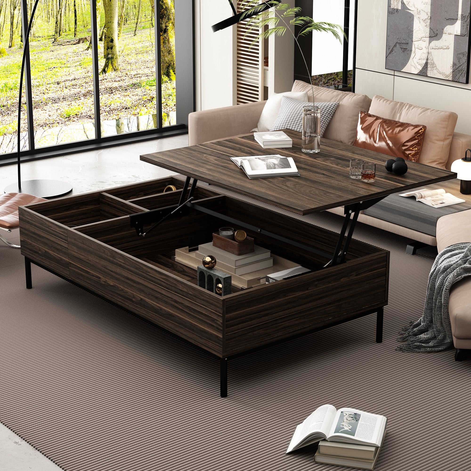 Modern Lift-Top Coffee Table - Solid Wood Storage Ottoman with Hidden Compartment for Living Room, Home & Office - Perfect for Small Spaces, Remote Work & Entertaining