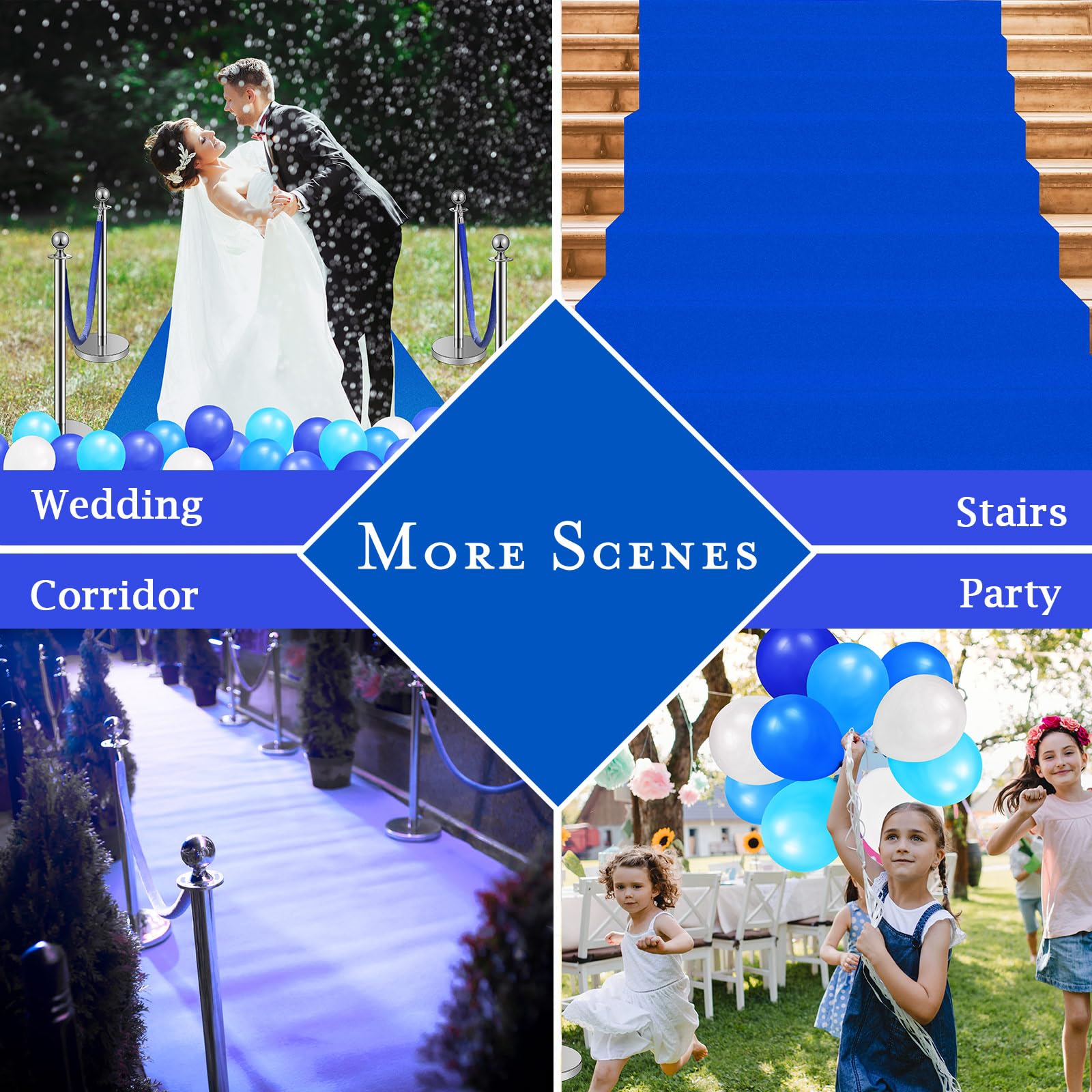 76 Pcs Blue Carpet Runner Party Set with Floor Runner, Double-Sided Tape, Stanchion Posts, Velvet Ropes & Balloons - Wedding, Red Carpet Event, Birthday Party Decorations