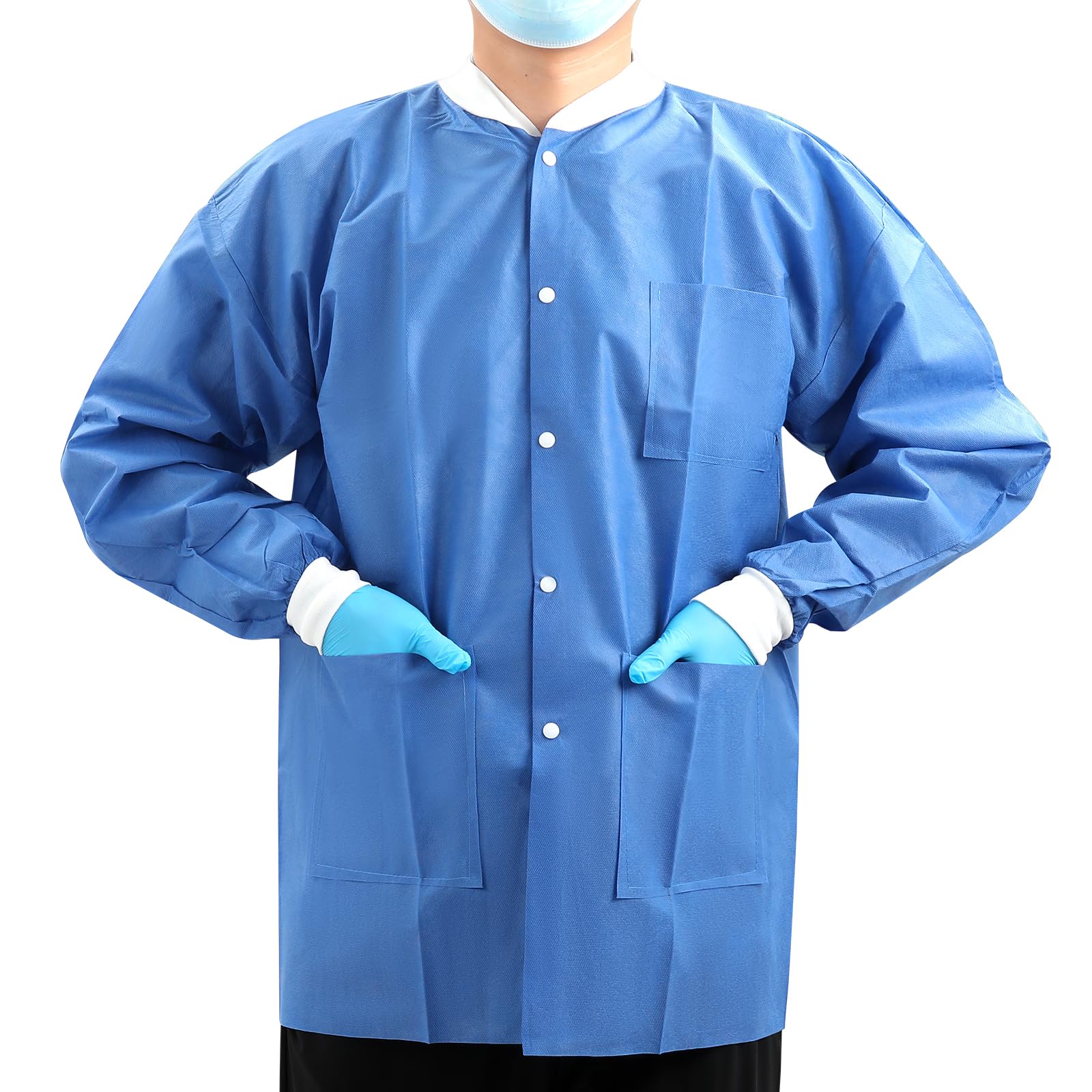 JMU 10-50 Pack Disposable Lab Coats for Men & Women - SMS Medical Jackets with Knit Cuffs & Collar, 3 Pockets - Ideal for Hospitals, Labs, Cleanrooms & Healthcare Workers