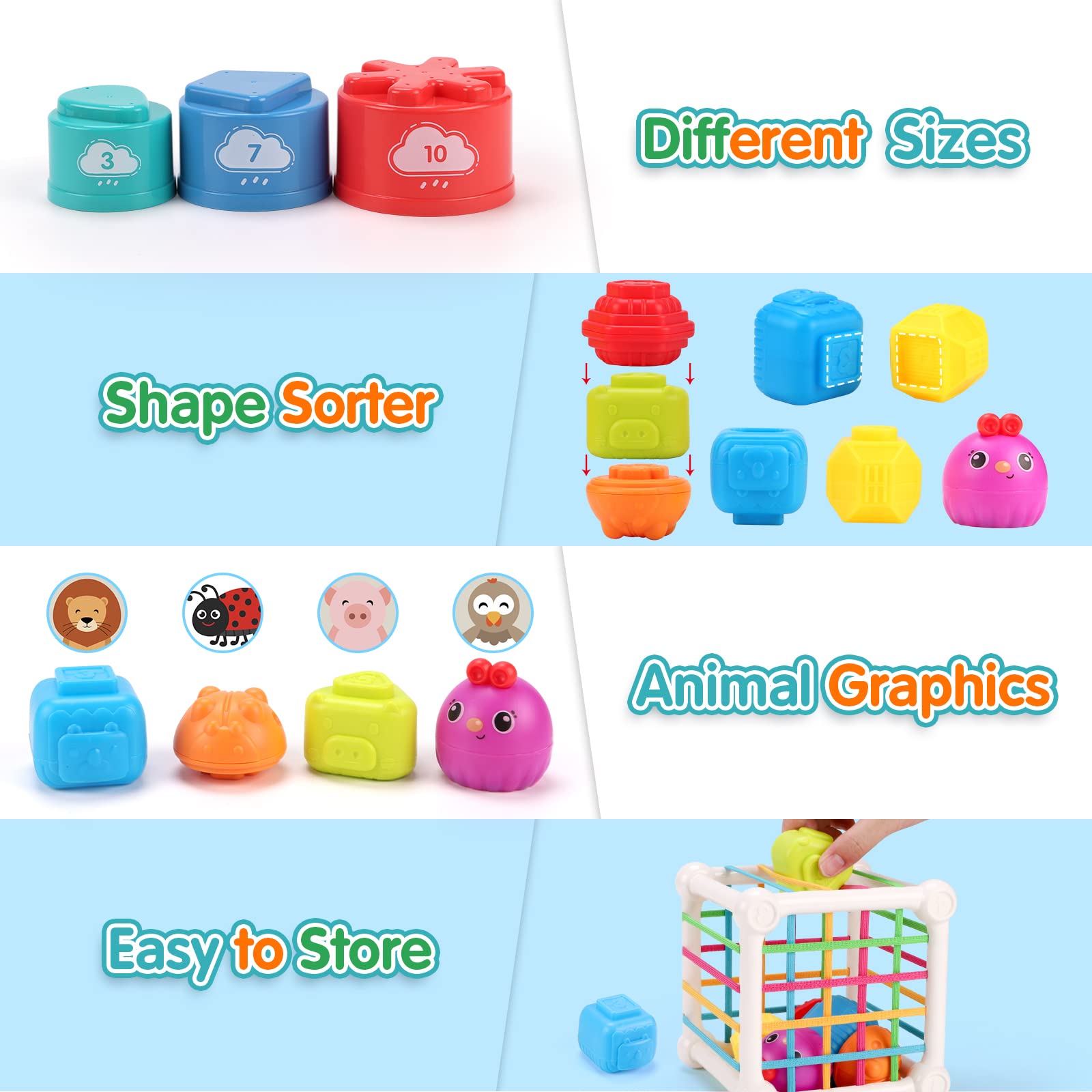 QIZEBABY Montessori Baby Toys for 6-18 Months - Sensory Shape Blocks & 10pc Stacking Cups Set, Early Learning Developmental Toys for 1-2 Year Old Boys Girls | Perfect for Toddler Playtime, Daycare & Montessori Classroom Activities