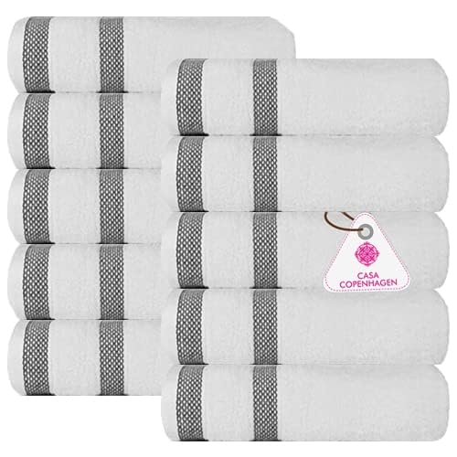 Premium 10-Piece Solitaire Hand Towel Set - 600 GSM Super Soft Egyptian Cotton, 16x28 Inches, Bright White - Designed in Denmark for Bathroom & Kitchen - Perfect for Guest Bathrooms, Spa Days & Luxury Home Decor