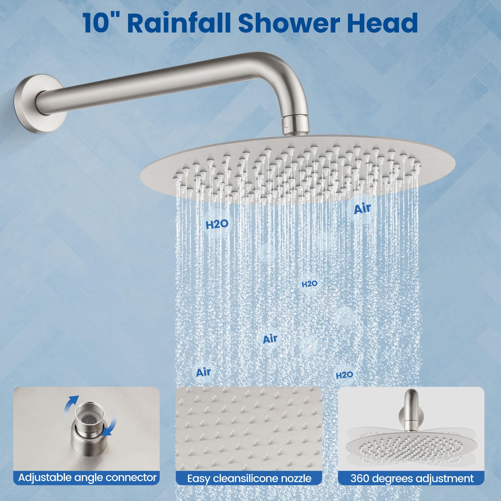 Airuida 2-Function Wall Mounted Shower Faucet Set - High Pressure Brass Handheld Shower with Rough-in Valve & 10 Inch Rainfall Shower Head in Brushed Nickel for Bathroom | Perfect for Spa-Like Experience and Water-Saving Showers