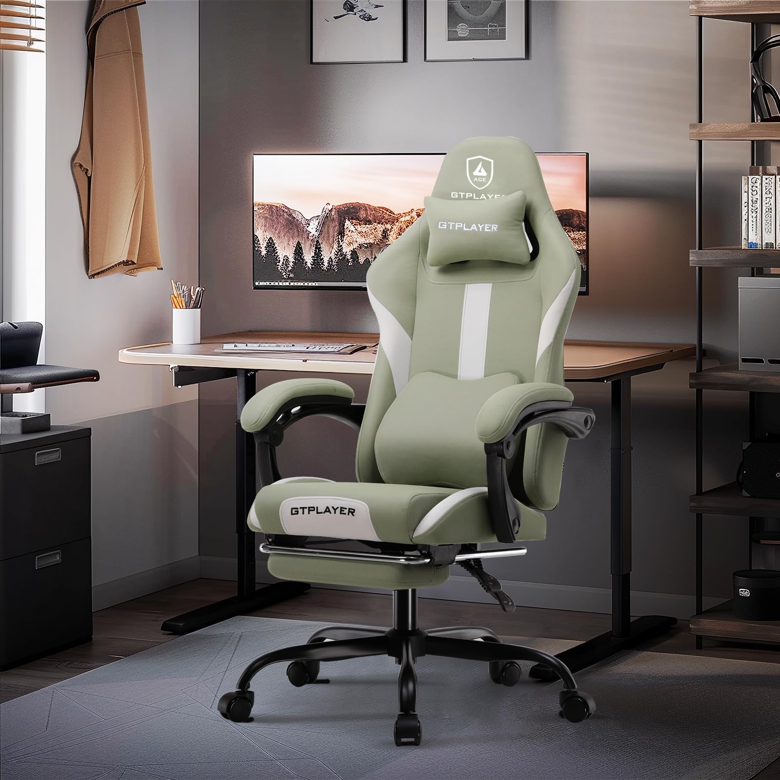GTPLAYER Ergonomic Gaming Chair with Breathable Fabric & Pocket Spring Cushion - Adjustable Footrest & Lumbar Support Computer Chair for Adults (Green) | Perfect for PC Gaming, Office Work & Home Entertainment