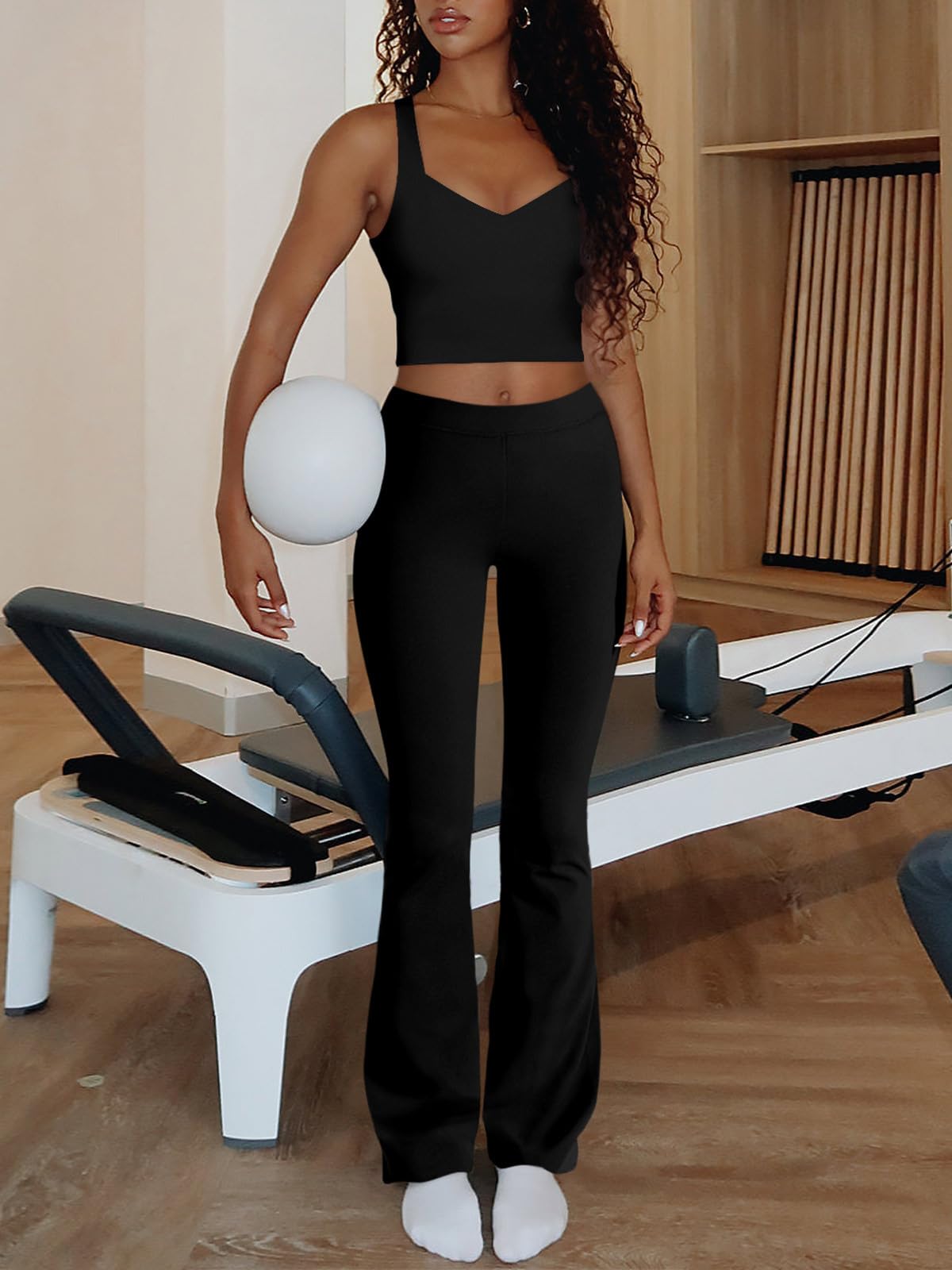 REORIA Women's 2-Piece Workout Set - V-Neck Crop Tank Top & High-Waisted Flare Leggings | Yoga, Gym, Lounge Wear for Women | Comfortable Athletic Outfit for Running, Pilates & Casual Wear