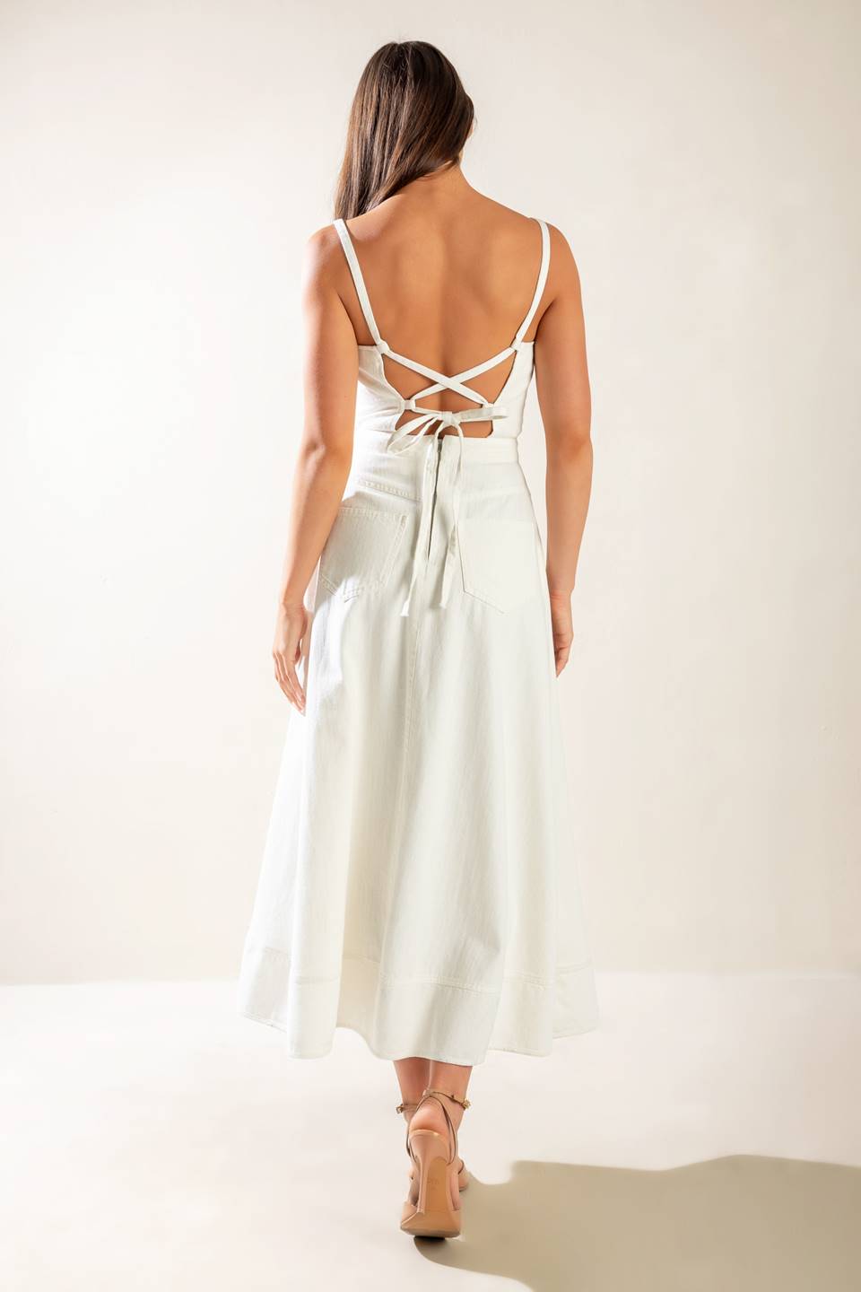 LET'S GO FOR A WALK White Lace Up Back Midi Dress - Perfect for Brunch, Date Night & Summer Weddings