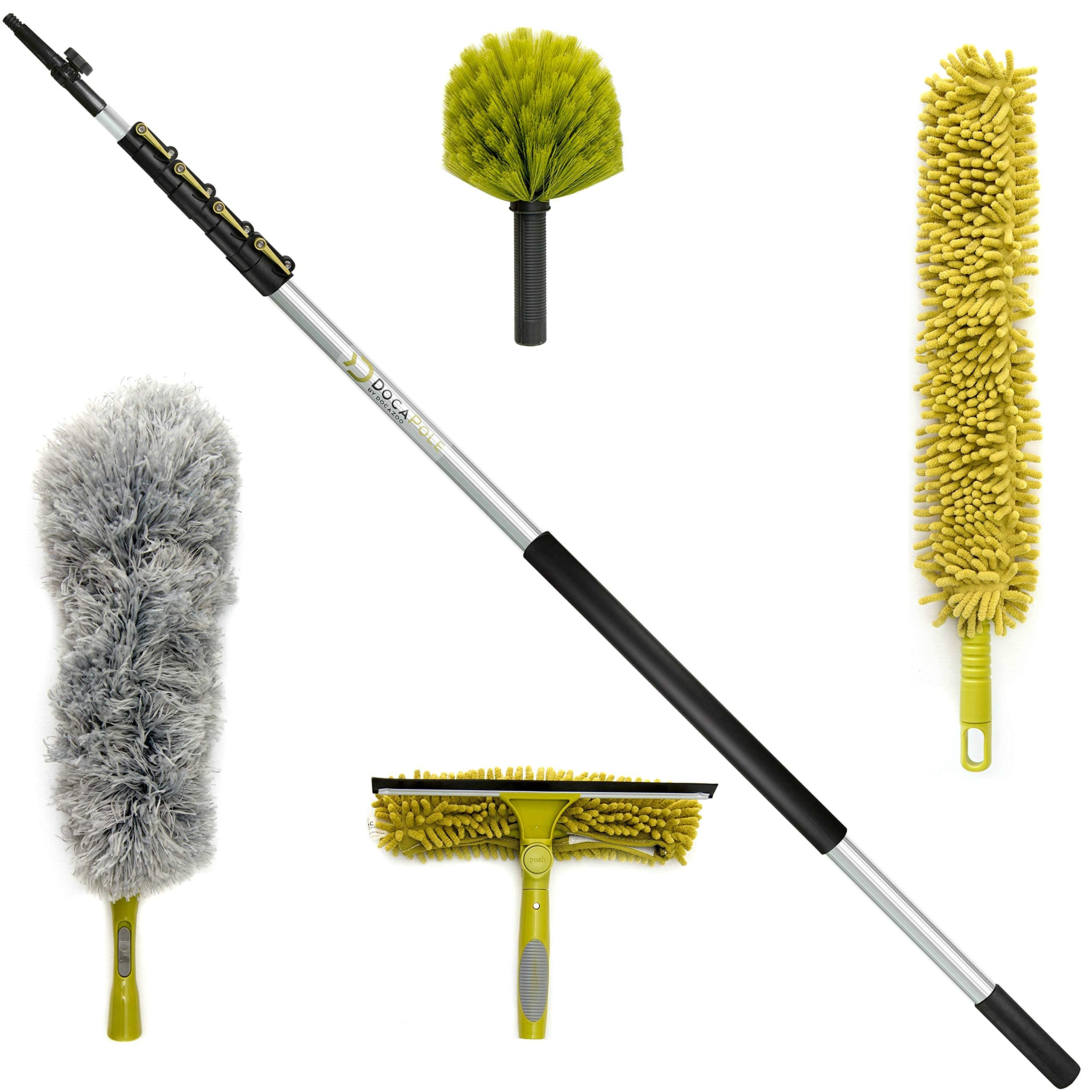 DOCA 7-30 Ft Telescoping Extension Pole - Multi-Purpose Cleaning Tool for Windows, Ceilings & Walls - Paint Roller, Squeegee & Duster Attachment Kit - Indoor & Outdoor High Reach Cleaning Set - Perfect for Home, Office & Commercial Use