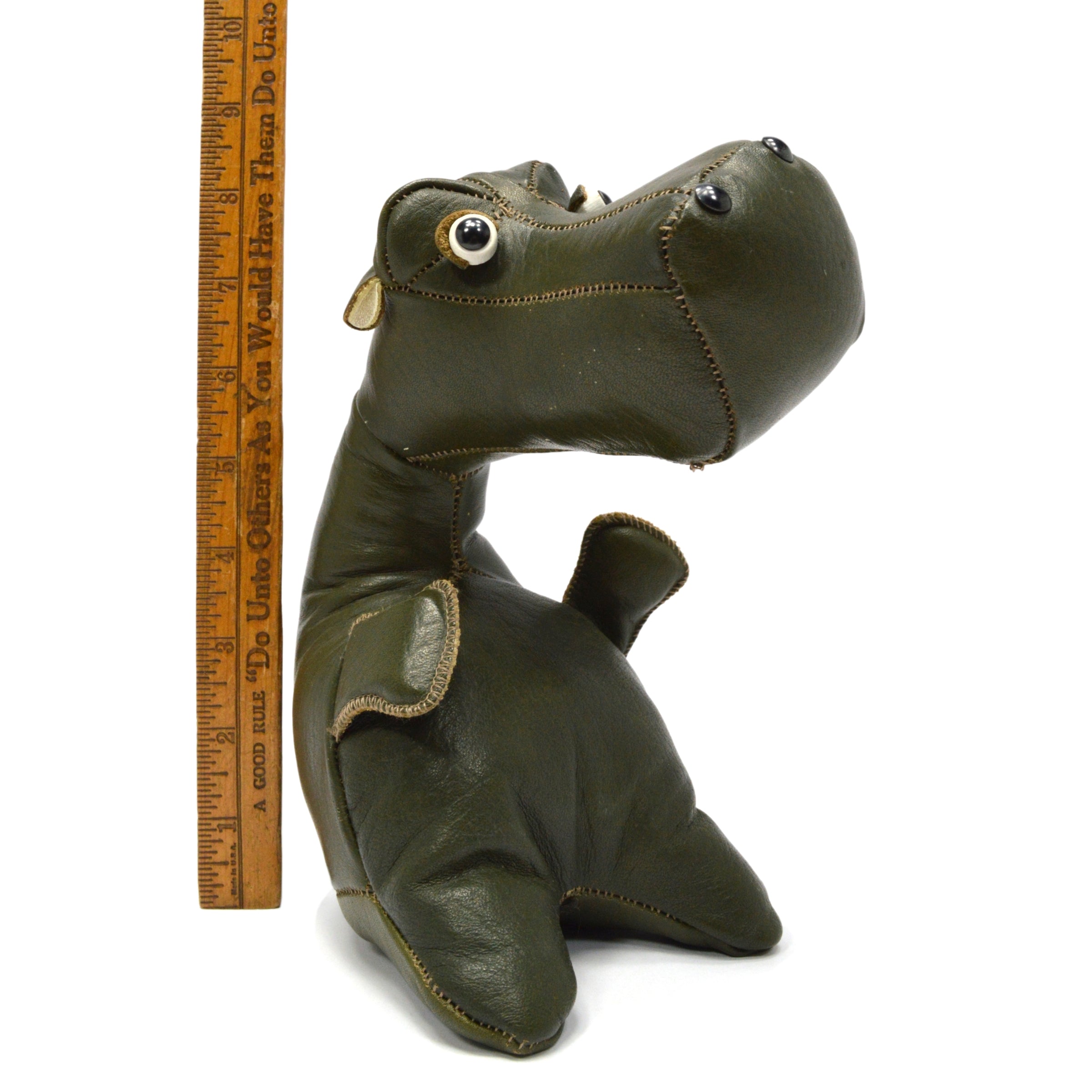 Vintage Stuffed Leather Hippo & Dog - Handmade Folk Art with Wood & Glass Eyes - Unique Custom Decor for Nursery, Living Room & Gift Giving