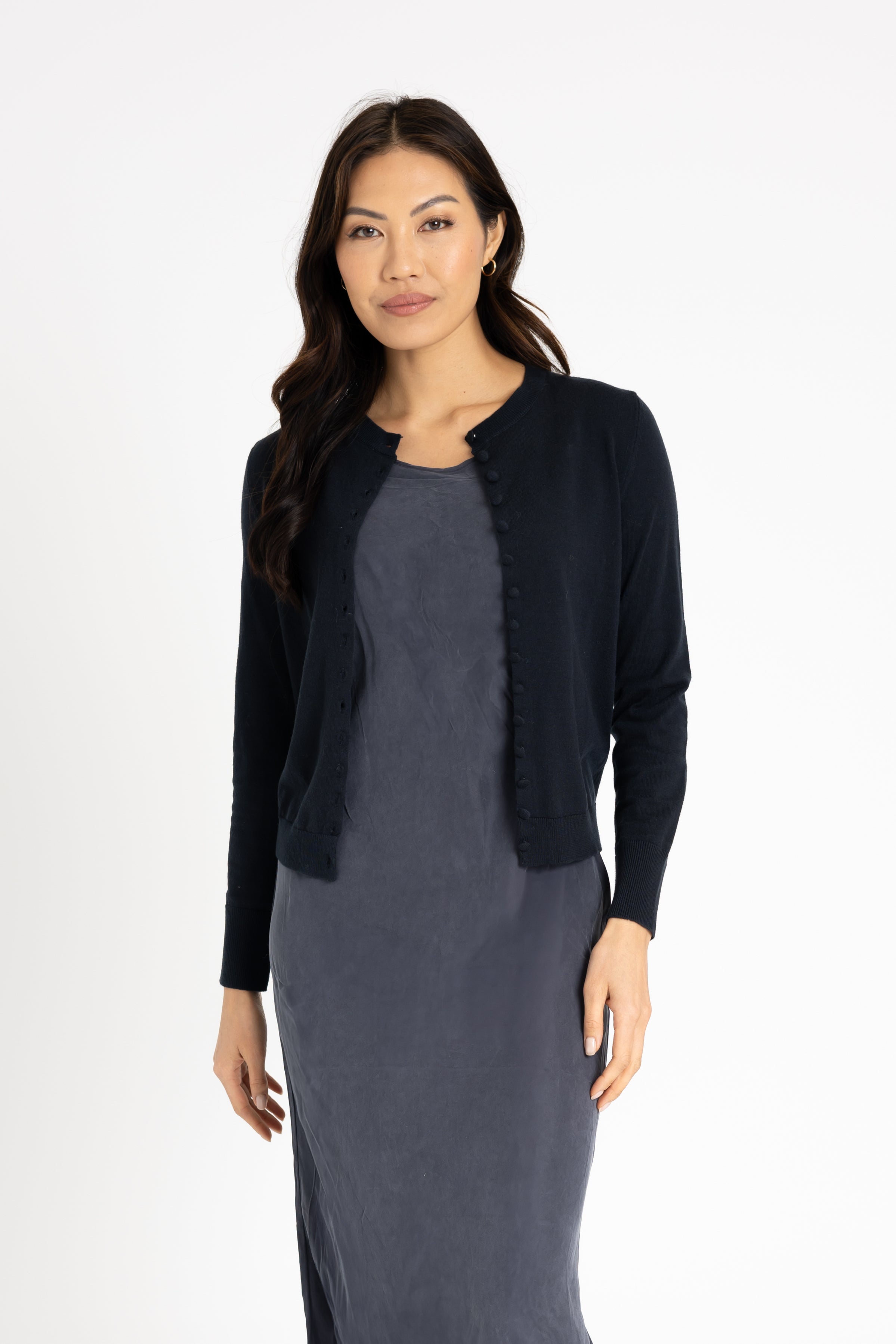 Navy Blue Button Up Knit Cardigan Sweater for Women - Cozy Fall & Winter Layering Outfit for Office, Casual, or Date Night