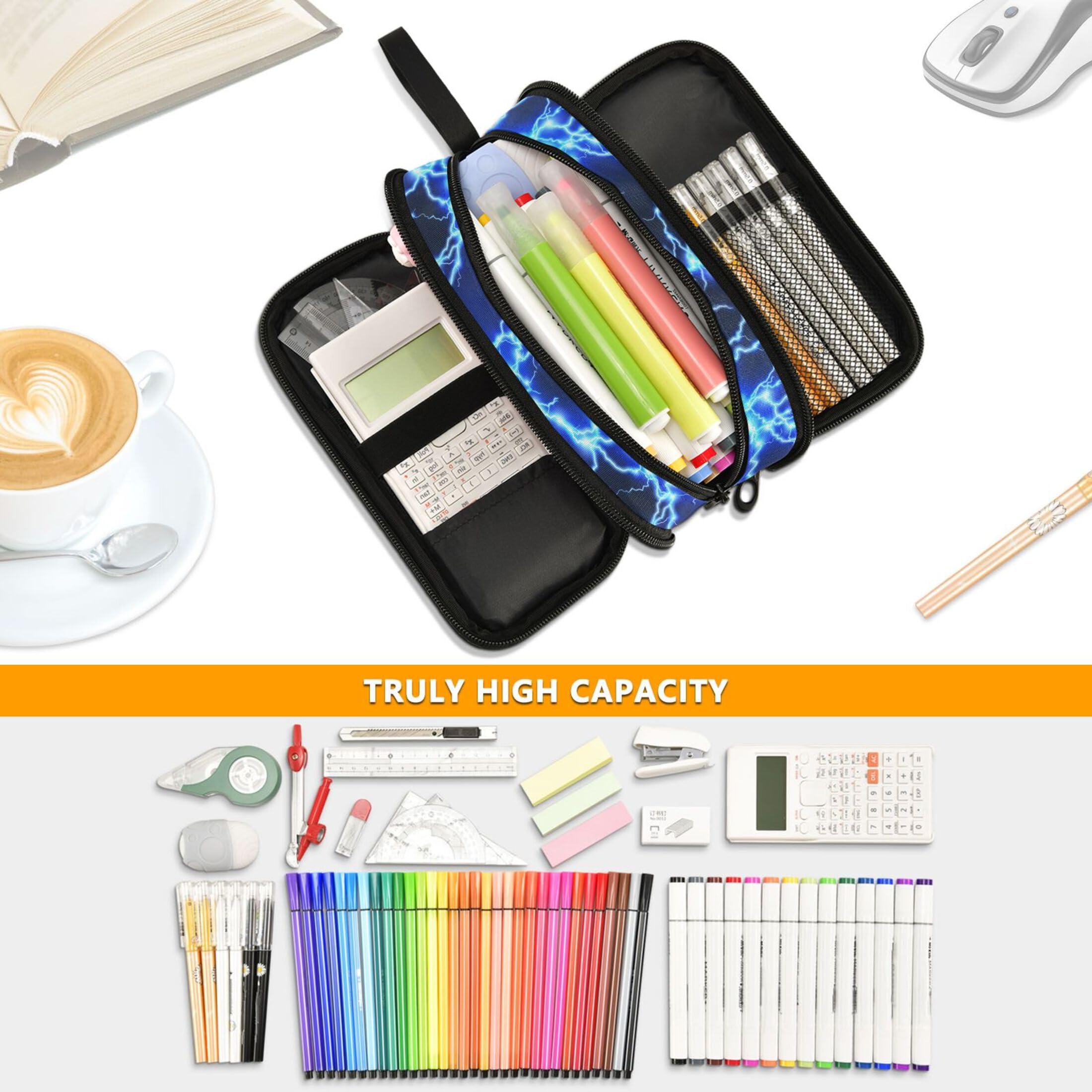 Lightning Bolt Printed Cool Blue Zipper Pencil Case - 3 Compartment Pen Organizer for School, Office & Travel - Durable Pouch for Pens, Markers & Art Supplies