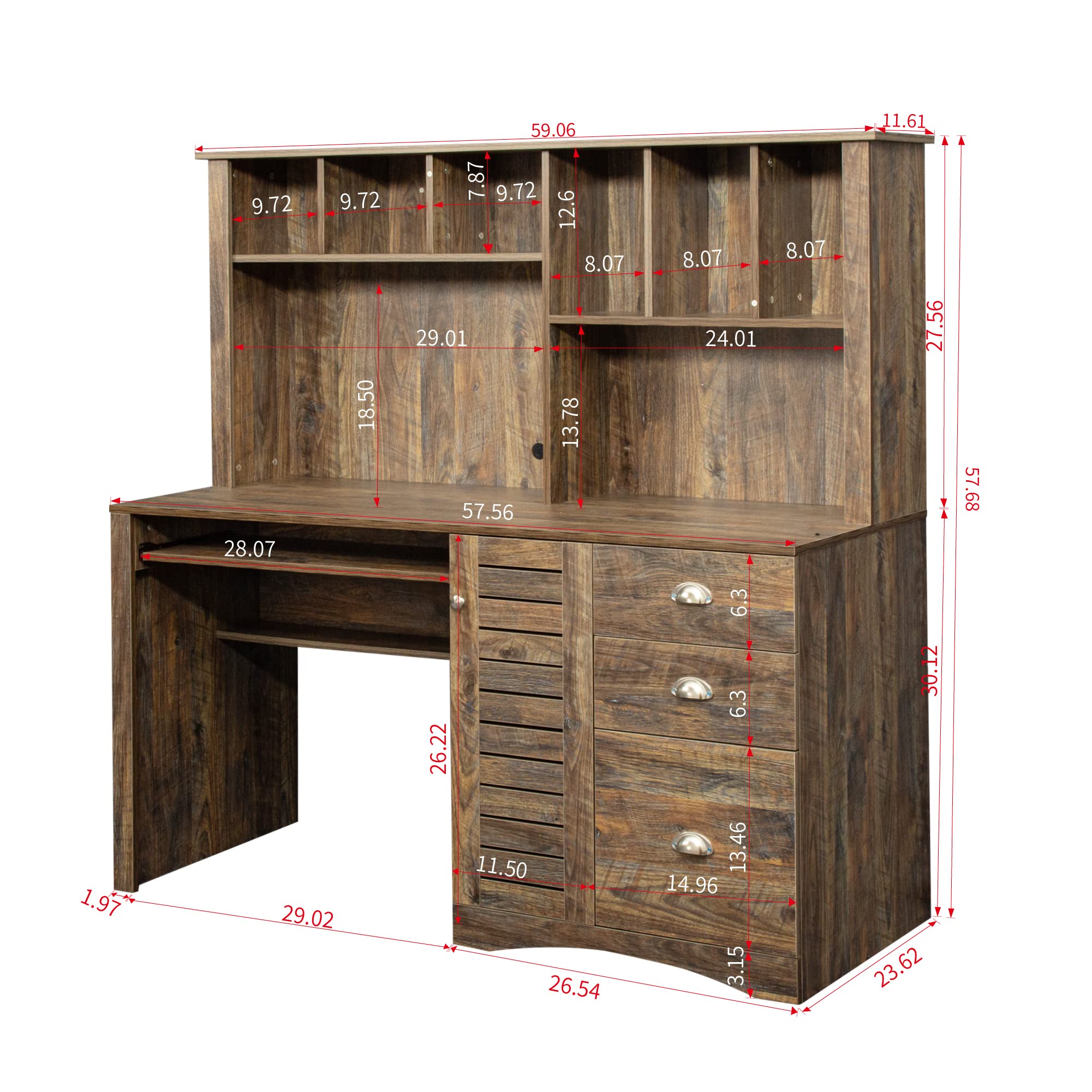 Compact Wooden Computer Desk with Hutch, Drawers & Bookshelf - Space-Saving Study Desk for Teens & Students, Home Office Writing Laptop Desk in Dark Brown - Perfect for Small Rooms, Dormitories & Workspaces