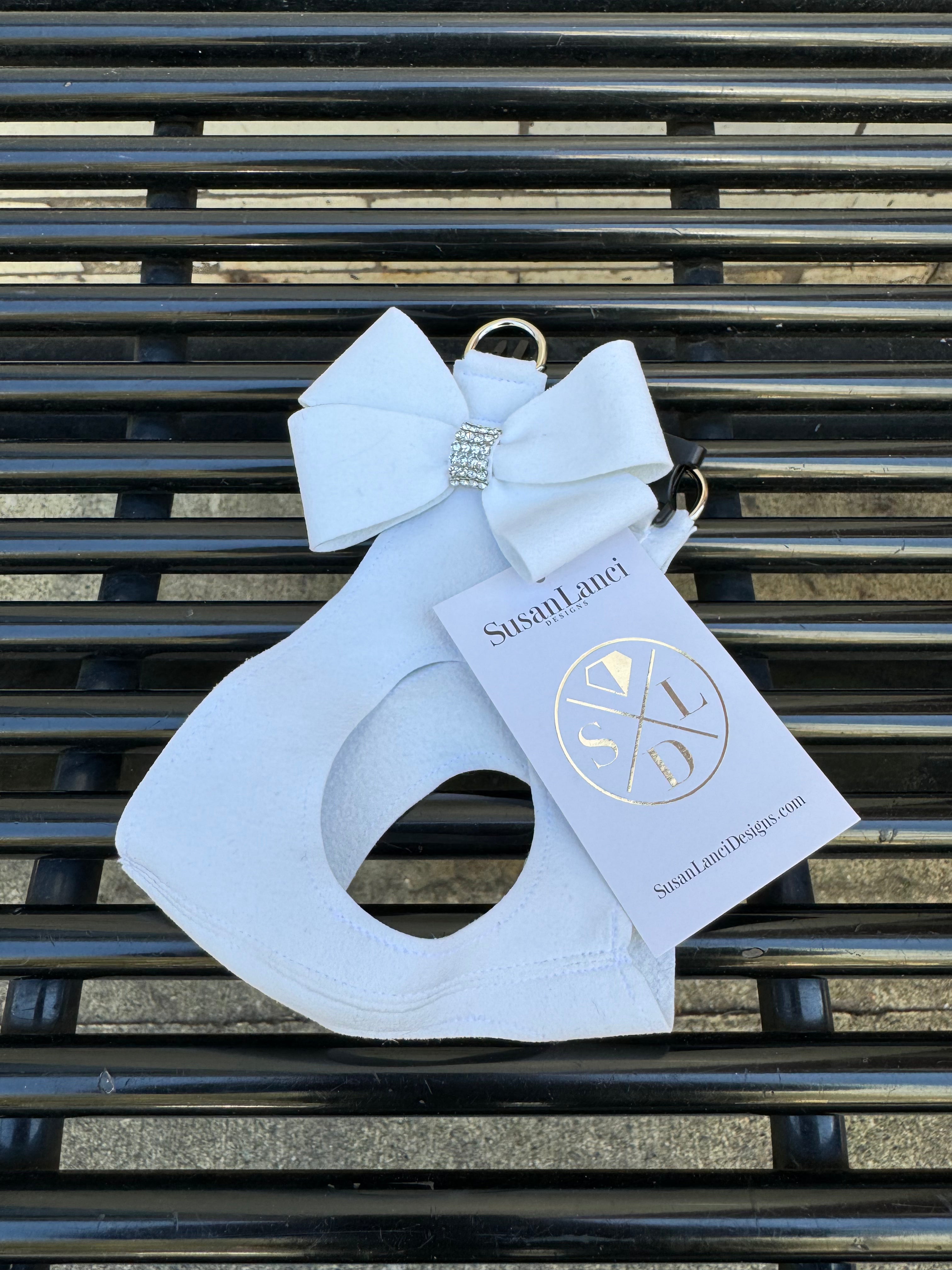 Premium Ultra Suede Step-In Dog Harness with Adjustable Bow - Soft & Comfortable for Small Dogs - Perfect for Walks, Training & Fashion Accessories (White)