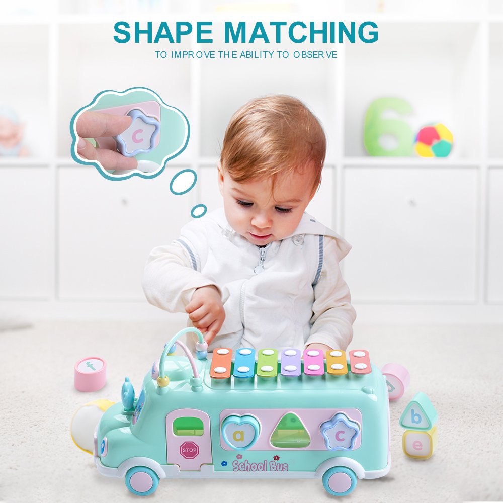 Baby Musical School Bus Xylophone Toy for Toddlers 1-3 Years - Shape Puzzles & Knocking Xylophone Educational Toy for 1 Year Old Boys & Girls - Perfect Christmas Birthday Gift for Learning & Playtime Fun
