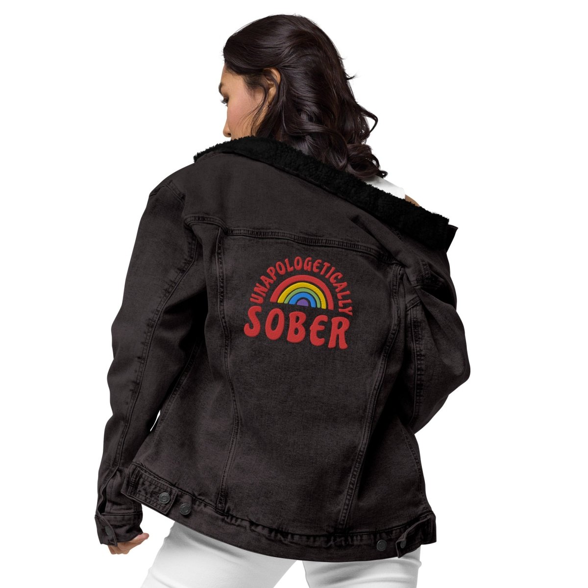 Unisex Sherpa Denim Jacket with Embroidered 'Unapologetically Sober' Design - Cozy Winter Fashion for Sober Living & Recovery Support