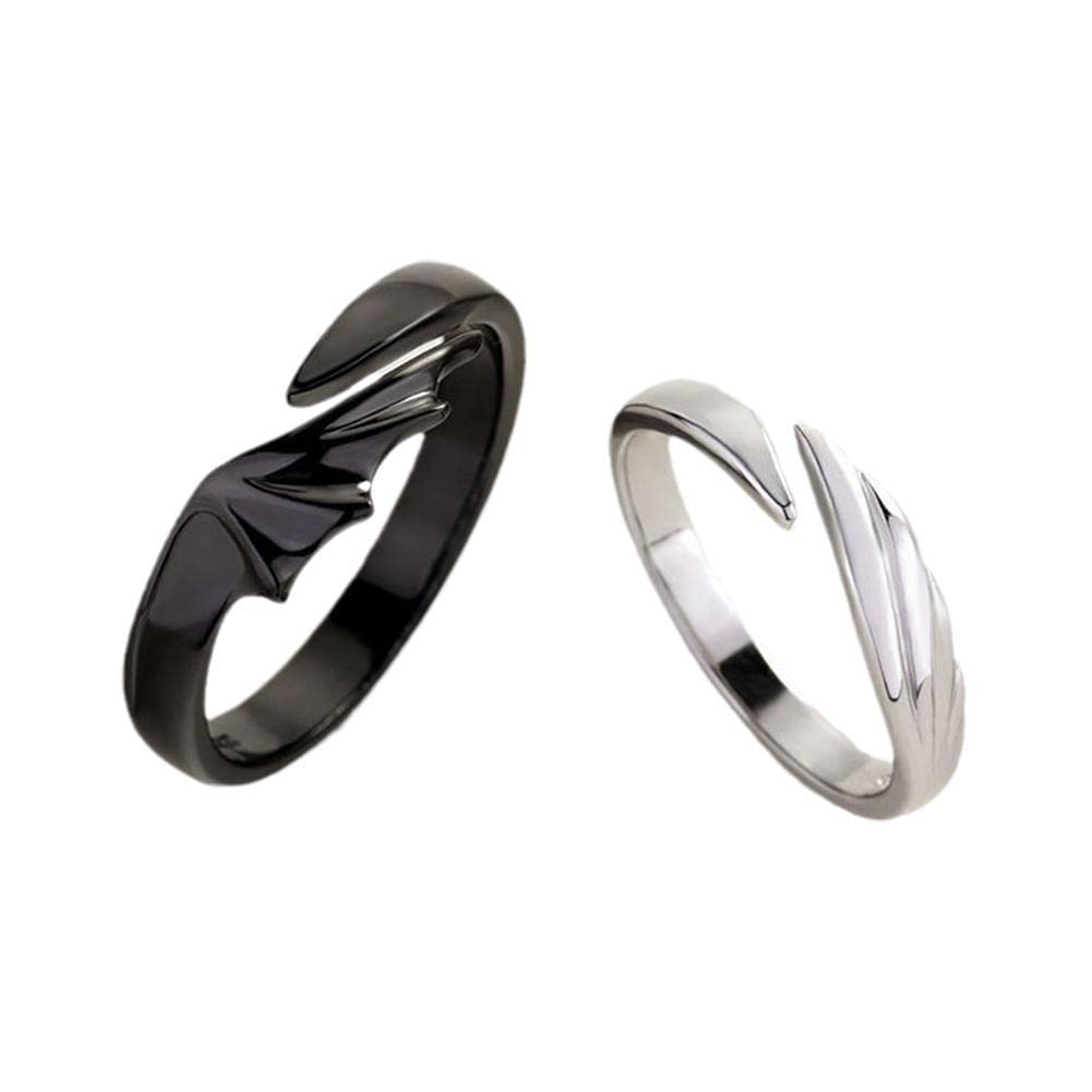 Angel Devil Wings Couple Matching Rings - Adjustable Dragon Wing Arrow Open Rings for Men & Women - Black & White Unisex Jewelry for Engagement, Wedding, Anniversary - Perfect for Gothic, Cosplay & Romantic Gift Giving