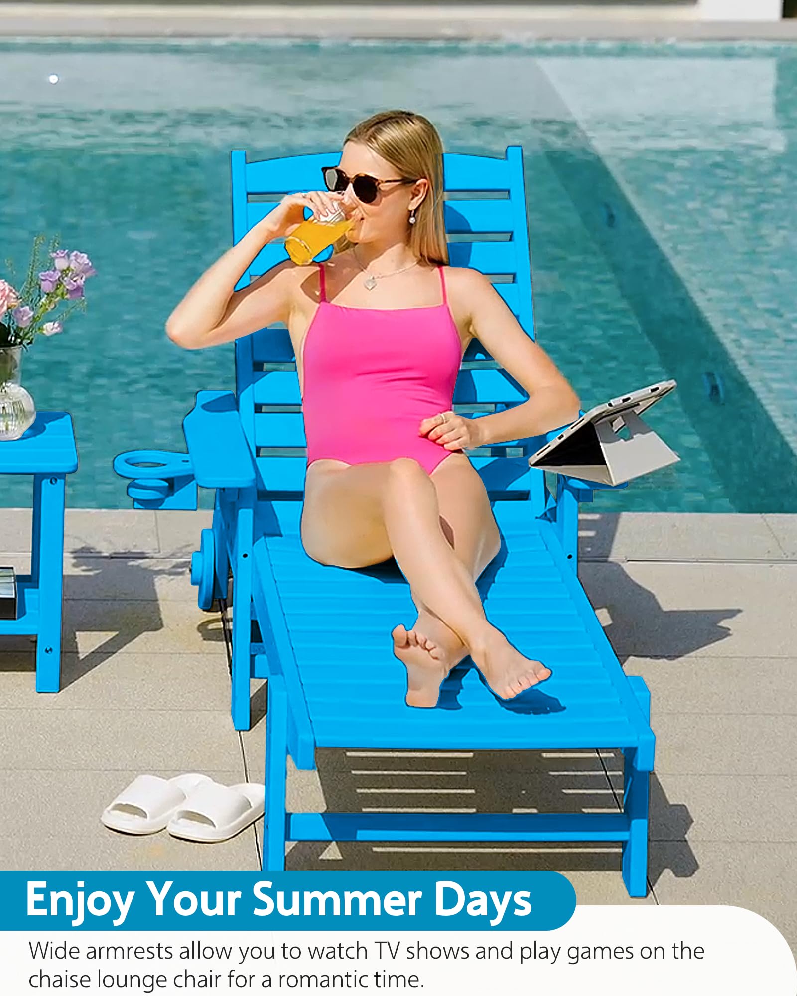 Outdoor Chaise Lounge Chair with Wheels - Oversized Patio Lounge Chair with Wood Texture - 5-Position Adjustable Plastic Sunbed for Poolside, Deck, Beach & Backyard Relaxation (Pacific Blue) - Perfect for Sunbathing, Lounging & Outdoor Leisure