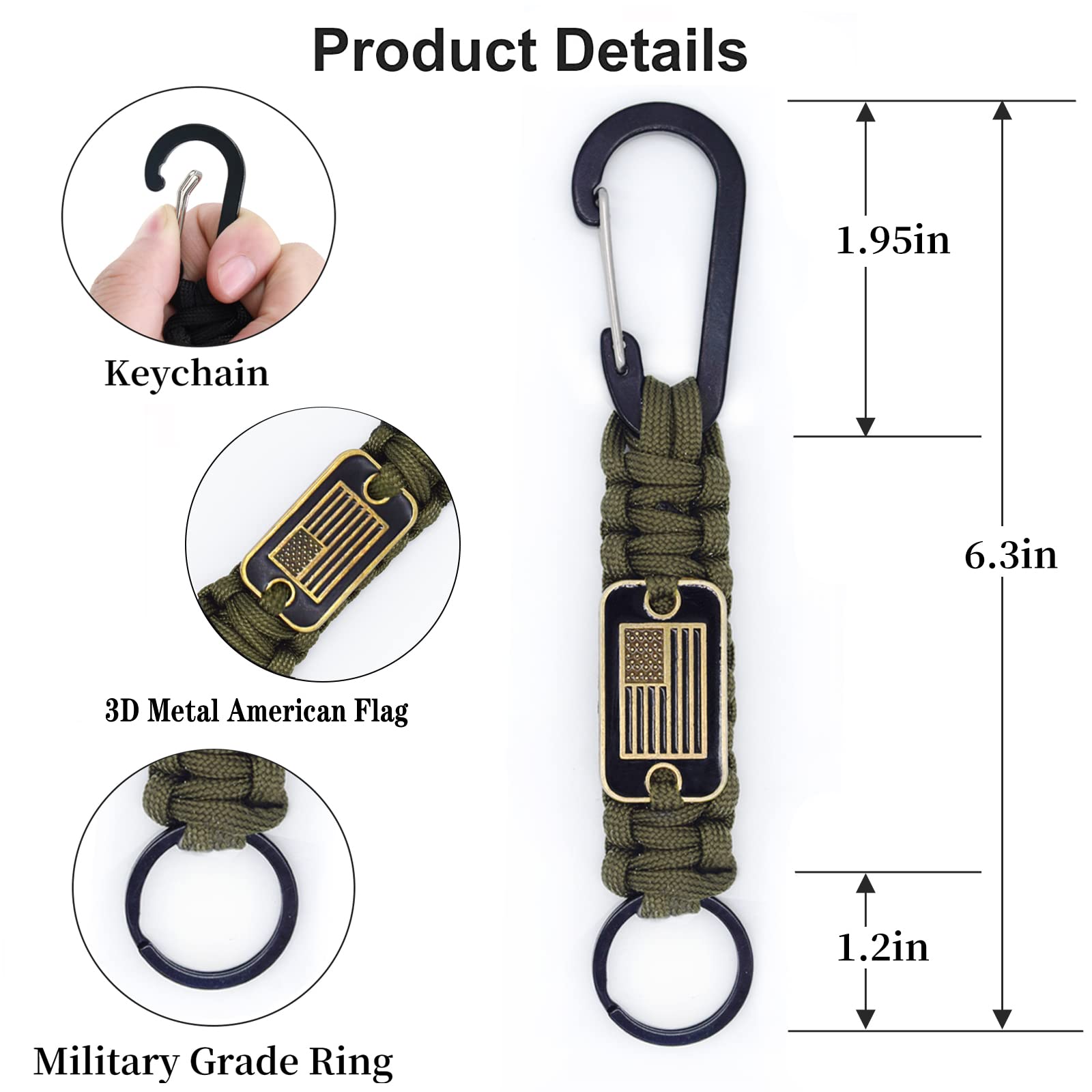 USA Flag Paracord Keychain with Carabiner Clip - Braided Lanyard Utility Hook for Outdoor Camping, Hiking, Survival Gear & Emergency Kit - Durable Tactical Accessory for Keys, Backpacks & Outdoor Equipment