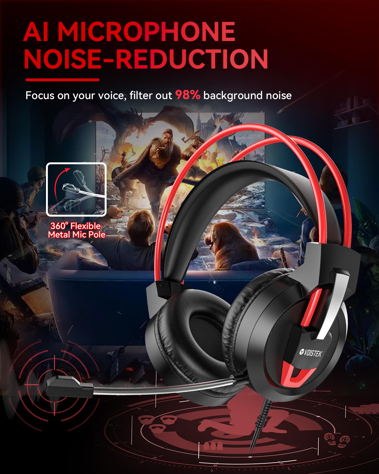 V9 Wired Gaming Headset with Microphone - 50mm Drivers, Over-Ear Noise Isolation, LED Lights for PS5, PS4, Nintendo Switch, Xbox Series X|S, PC & Mac - Perfect for Competitive Gaming & Streaming (Red)
