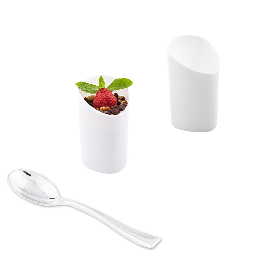 100-Pack 3 oz White Plastic Triangle Shot Glasses with 100 Silver Mini Plastic Spoons - Perfect for Parties, Bars, and Cocktail Events