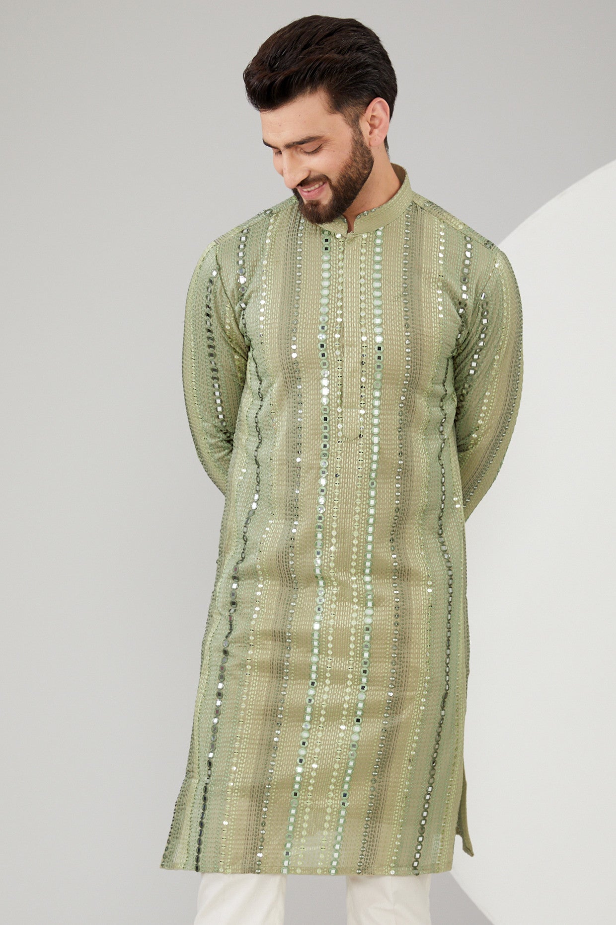 Mehendi Green Georgette Mirror Work Kurta - Elegant Indian Embroidered Tunic Top for Women | Perfect for Festivals, Weddings & Ethnic Parties