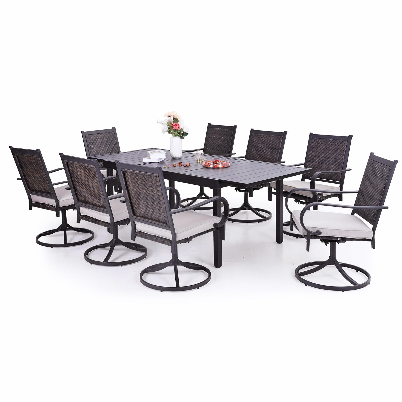 Sophia & William 9-Piece Patio Dining Set - Weather-Resistant Rattan Wicker Furniture with 8 Cushioned Chairs & Expandable Metal Table - Perfect for Outdoor Dining in Garden, Backyard, Lawn or Terrace