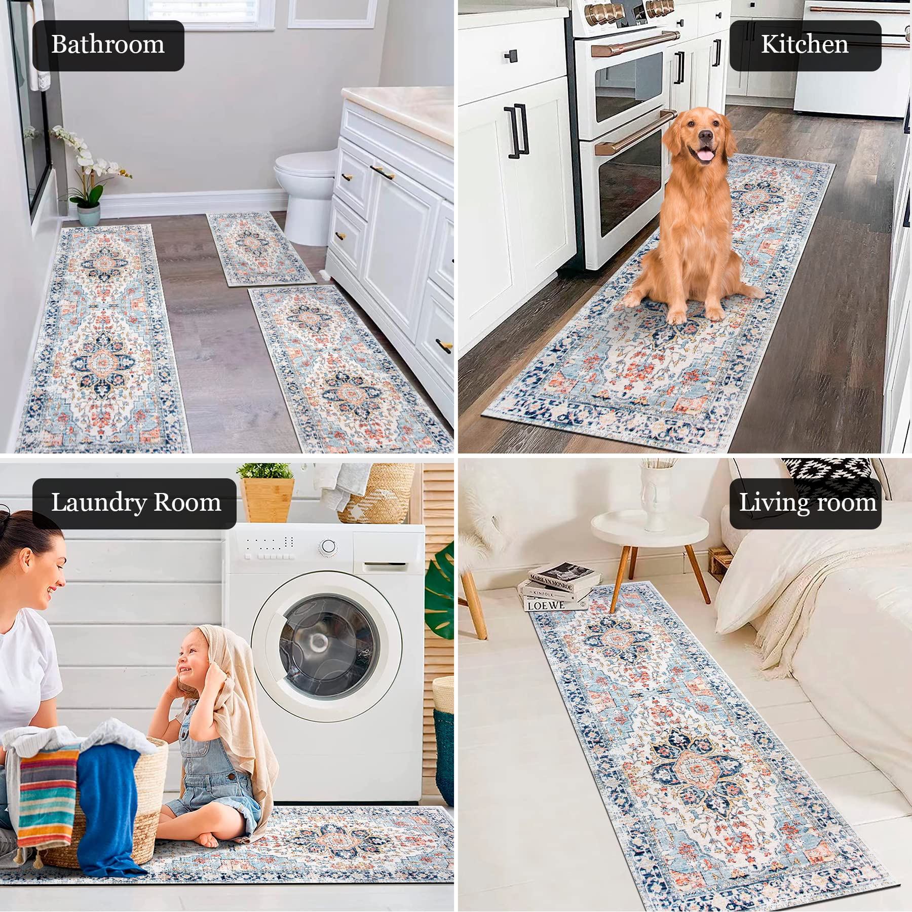Non-Slip Kitchen Rug Set of 3 with Rubber Backing - Easy Clean Floor Mats for Kitchen, Laundry Room, Entryway & Hallway - Blue & Orange Design for Home Decor & Safety