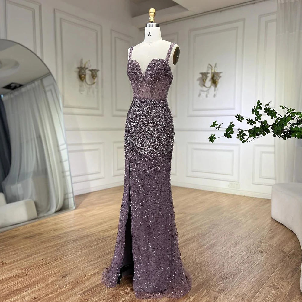 Elegant Purple Spaghetti Strap Mermaid Beaded Evening Gown for Women - Wedding, Party & Formal Dresses 2025 | LA72454 | Perfect for Prom, Cocktail Parties & Special Occasions
